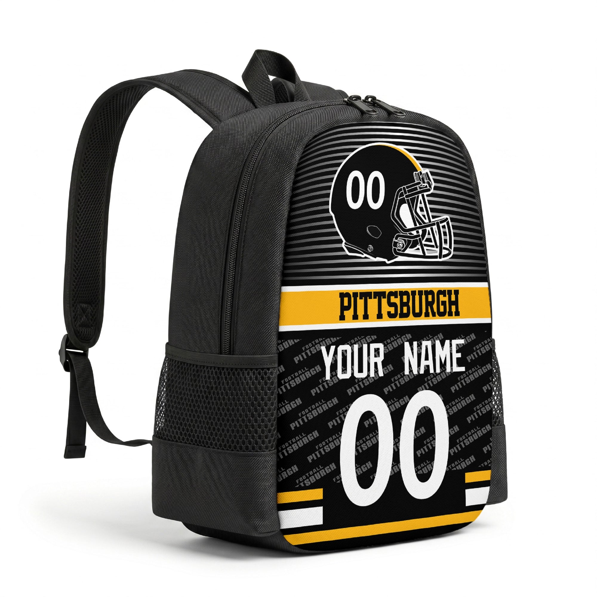 Pittsburgh personalized football backpack angled view with black straps