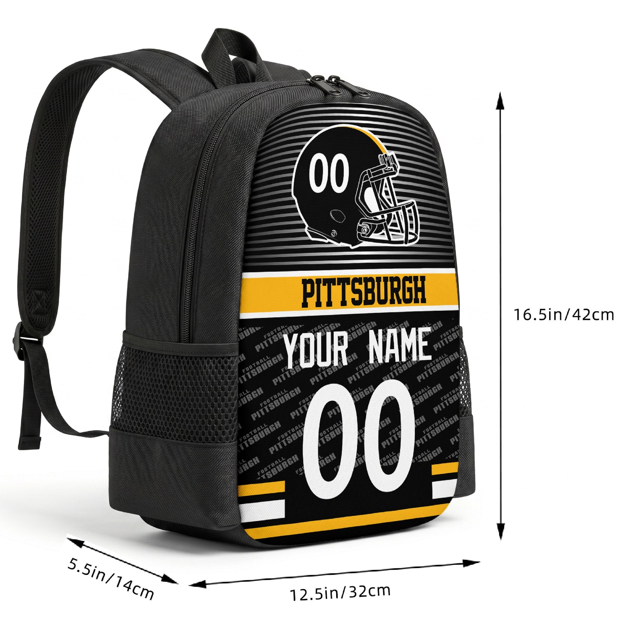 Pittsburgh custom football backpack size chart 16.5 by 12.5 by 5.5 inches