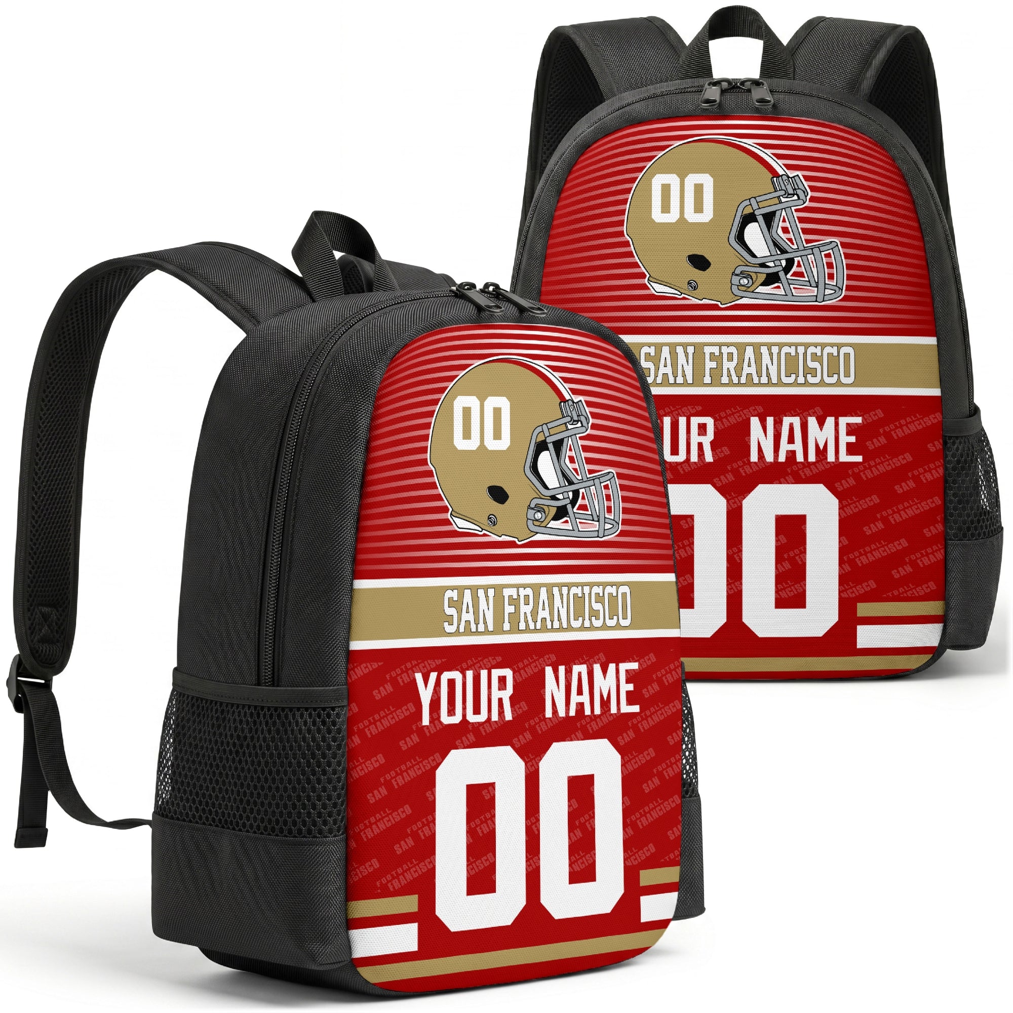Custom football backpack in San Francisco city colors with name and number