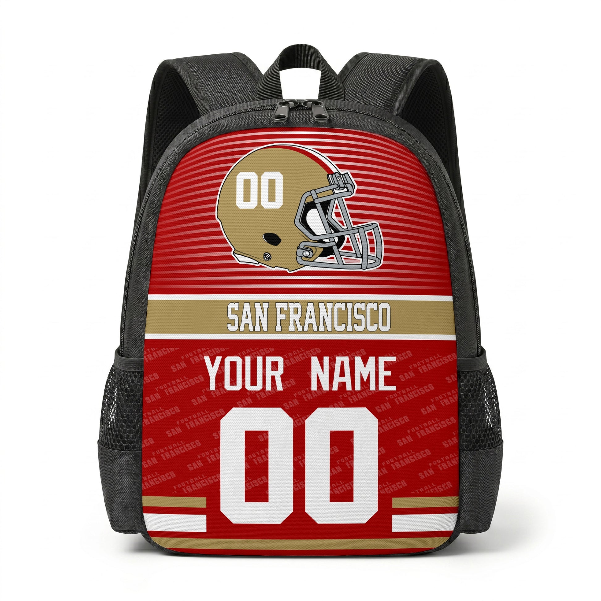 San Francisco city color football backpack front view with helmet graphic