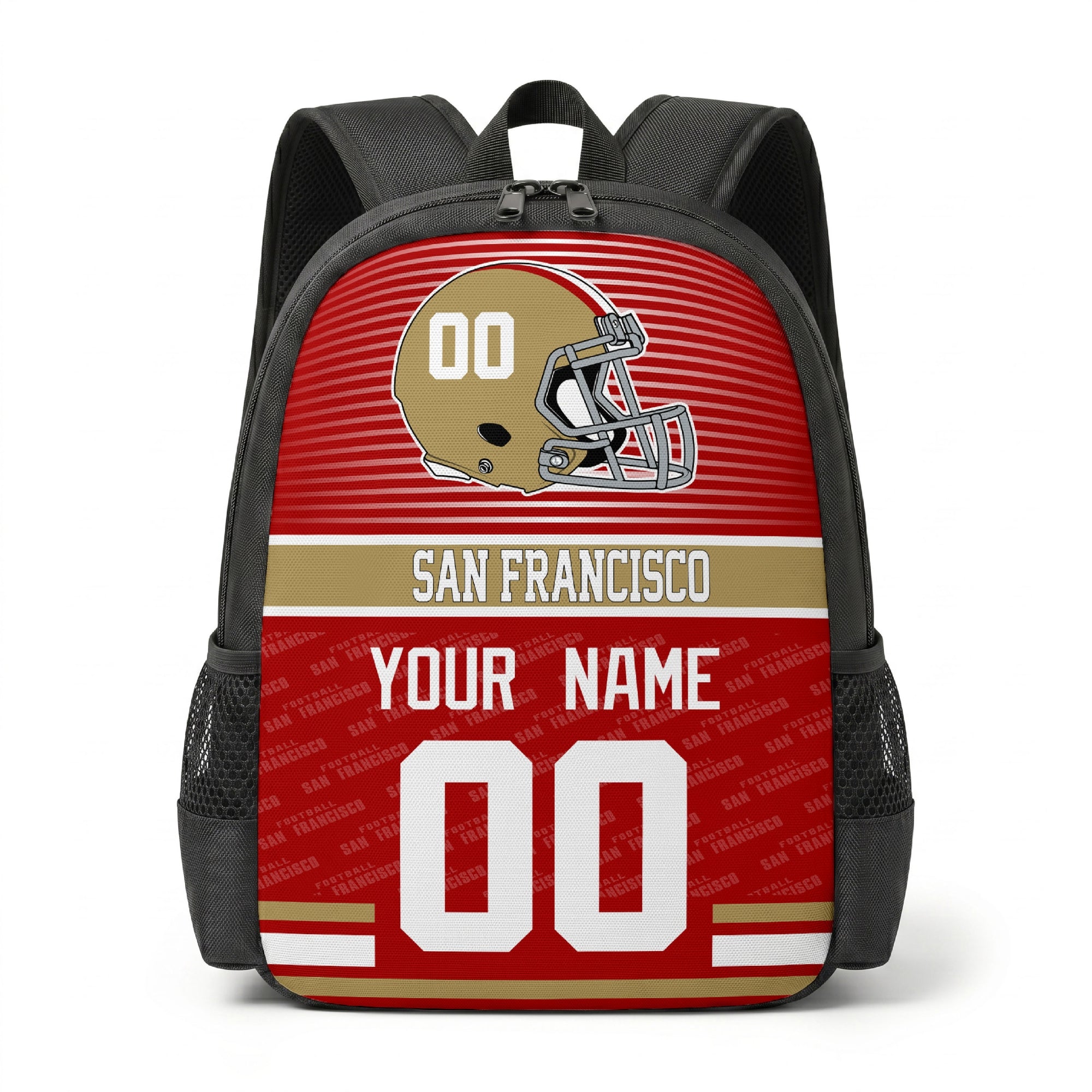 San Francisco city color football backpack front view with helmet graphic