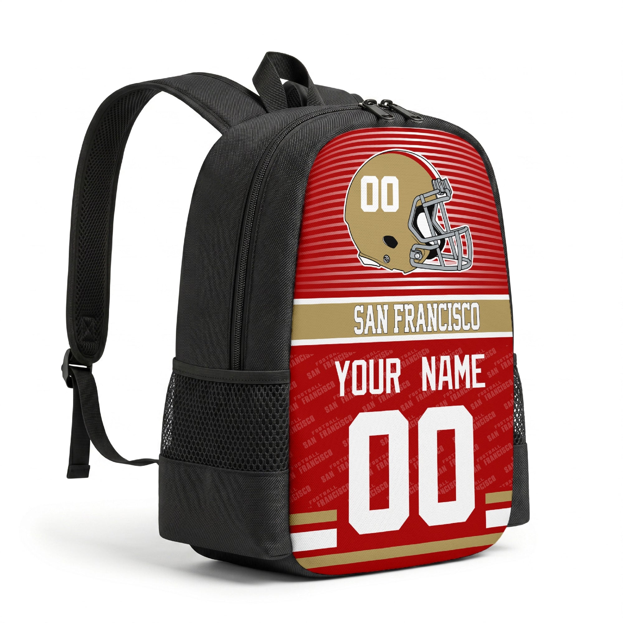 San Francisco personalized football backpack angled view with black straps