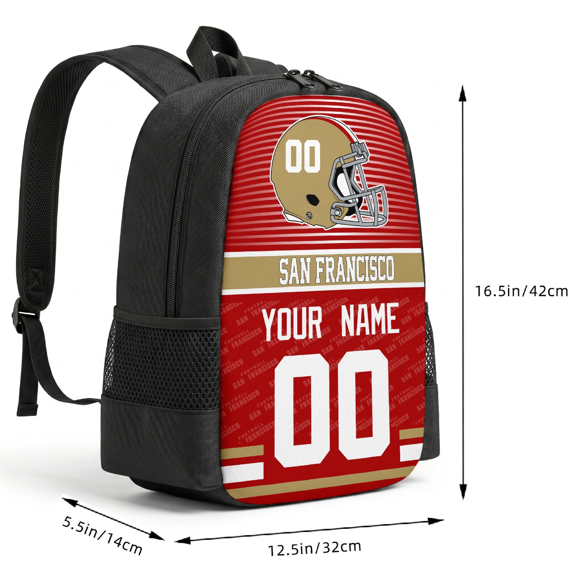 San Francisco custom football backpack size chart 16.5 by 12.5 by 5.5 inches