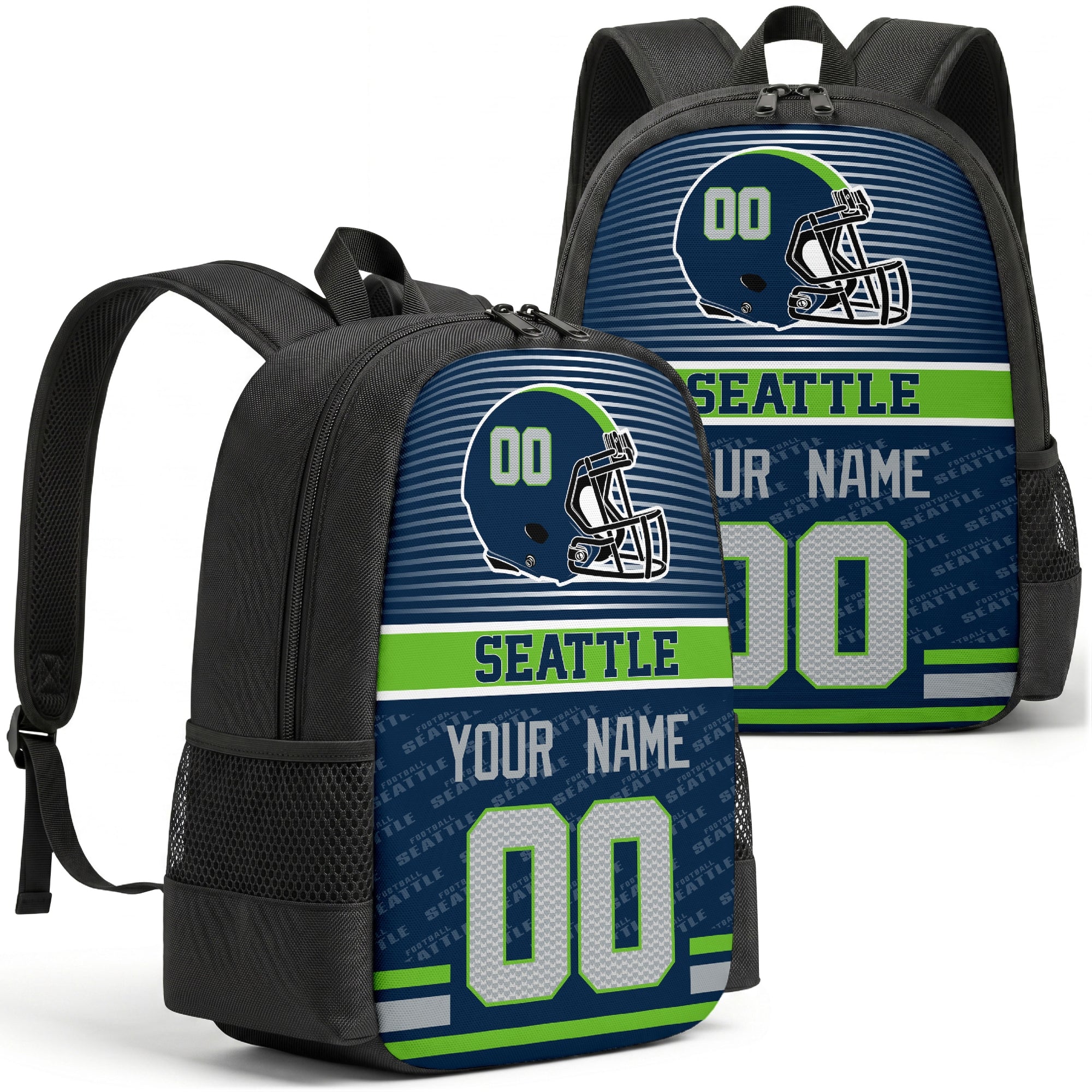 Custom football backpack in Seattle city colors with name and number