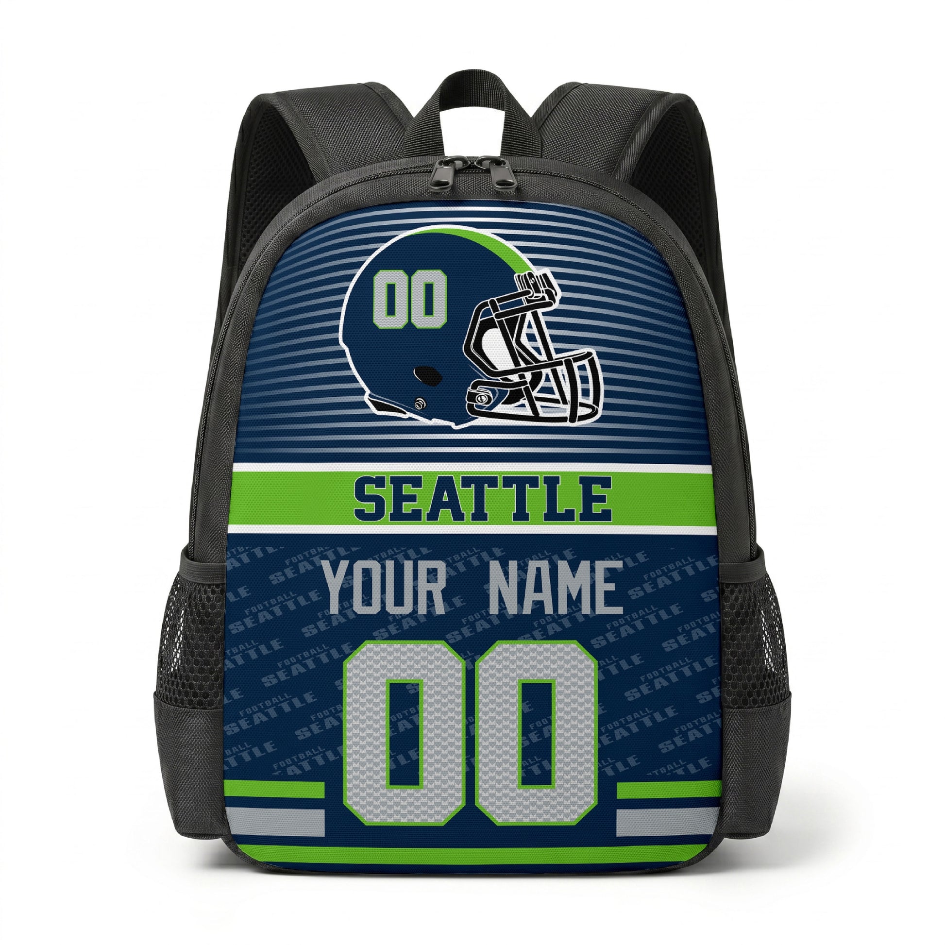 Seattle city color football backpack front view with helmet graphic