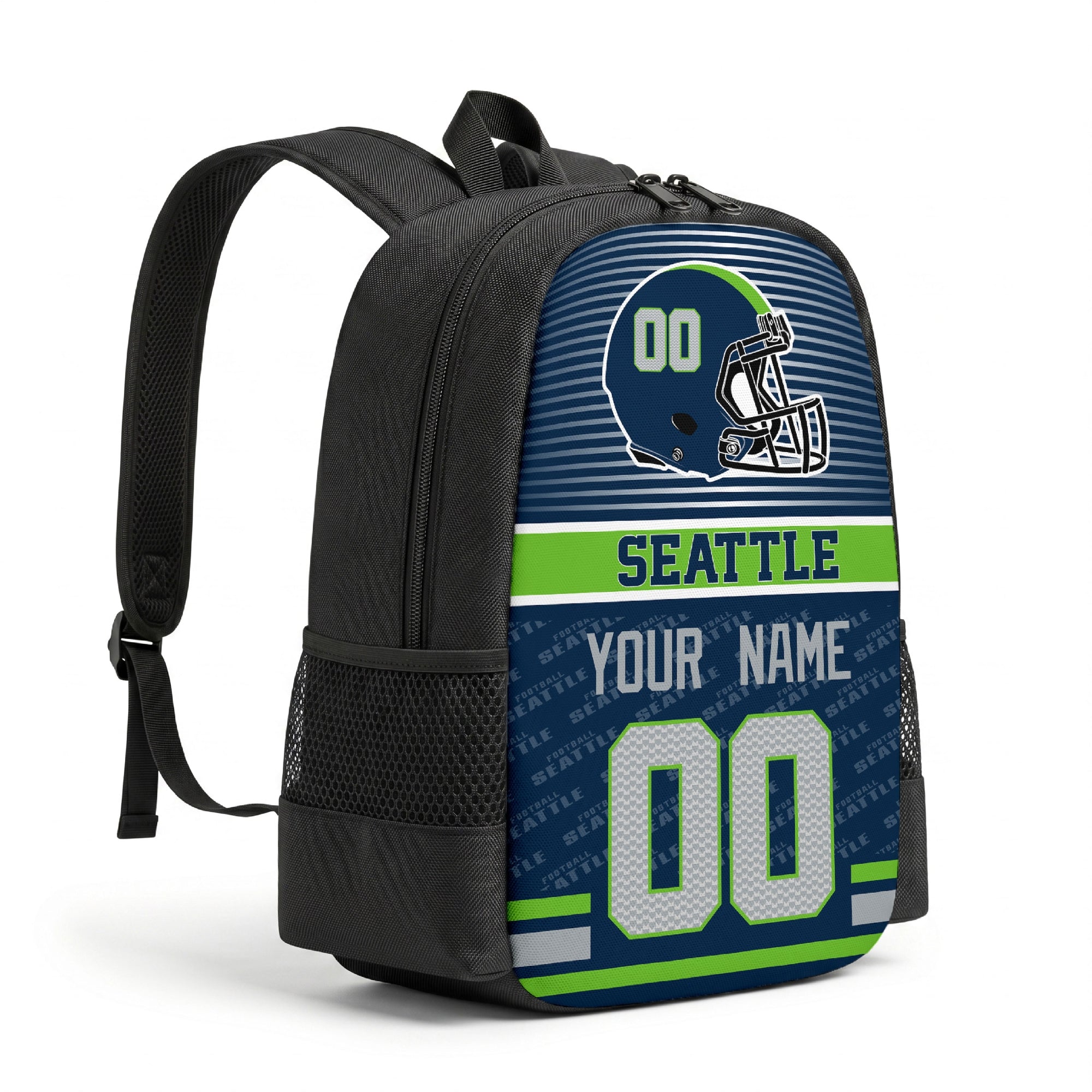 Seattle personalized football backpack angled view with black straps