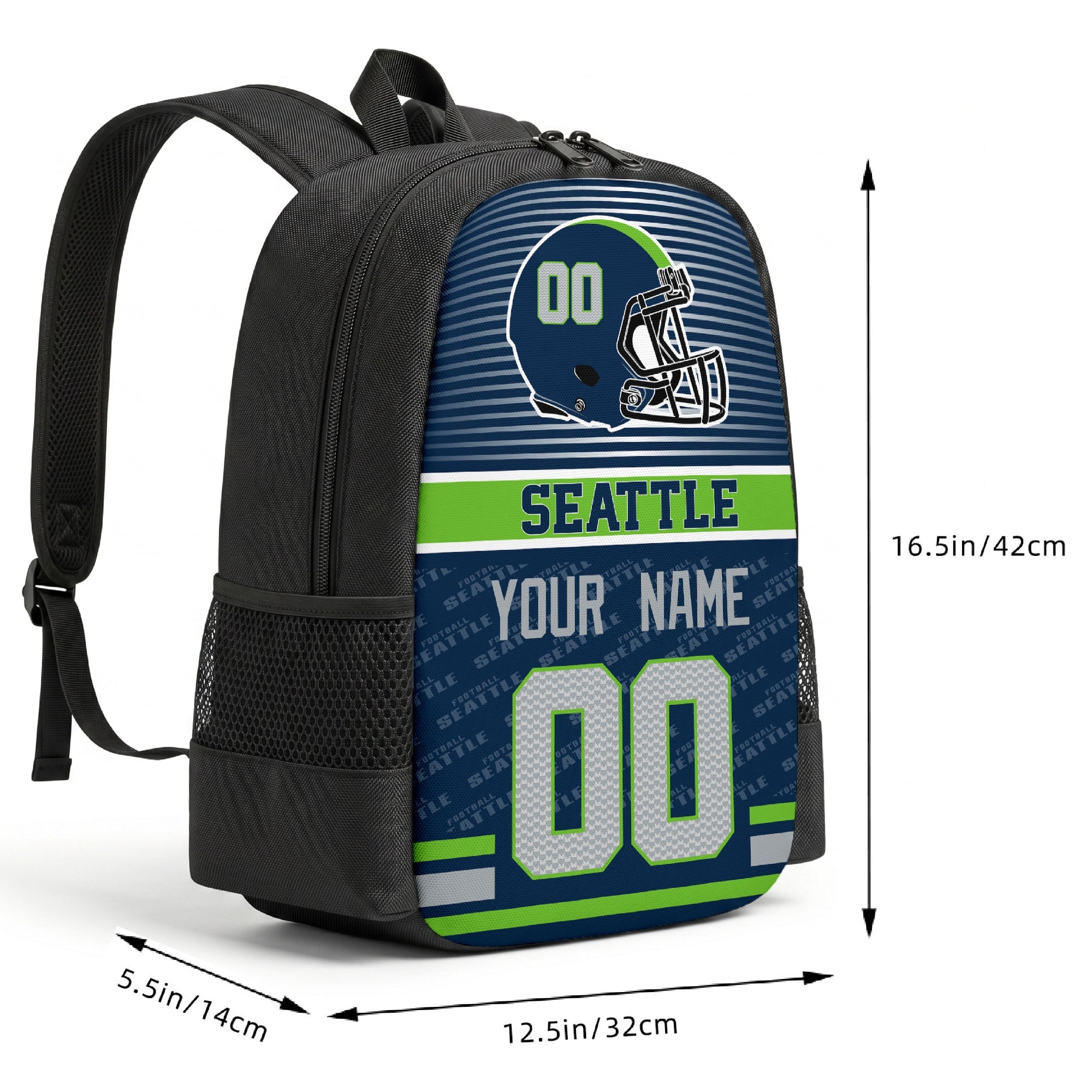 Seattle custom football backpack size chart 16.5 by 12.5 by 5.5 inches