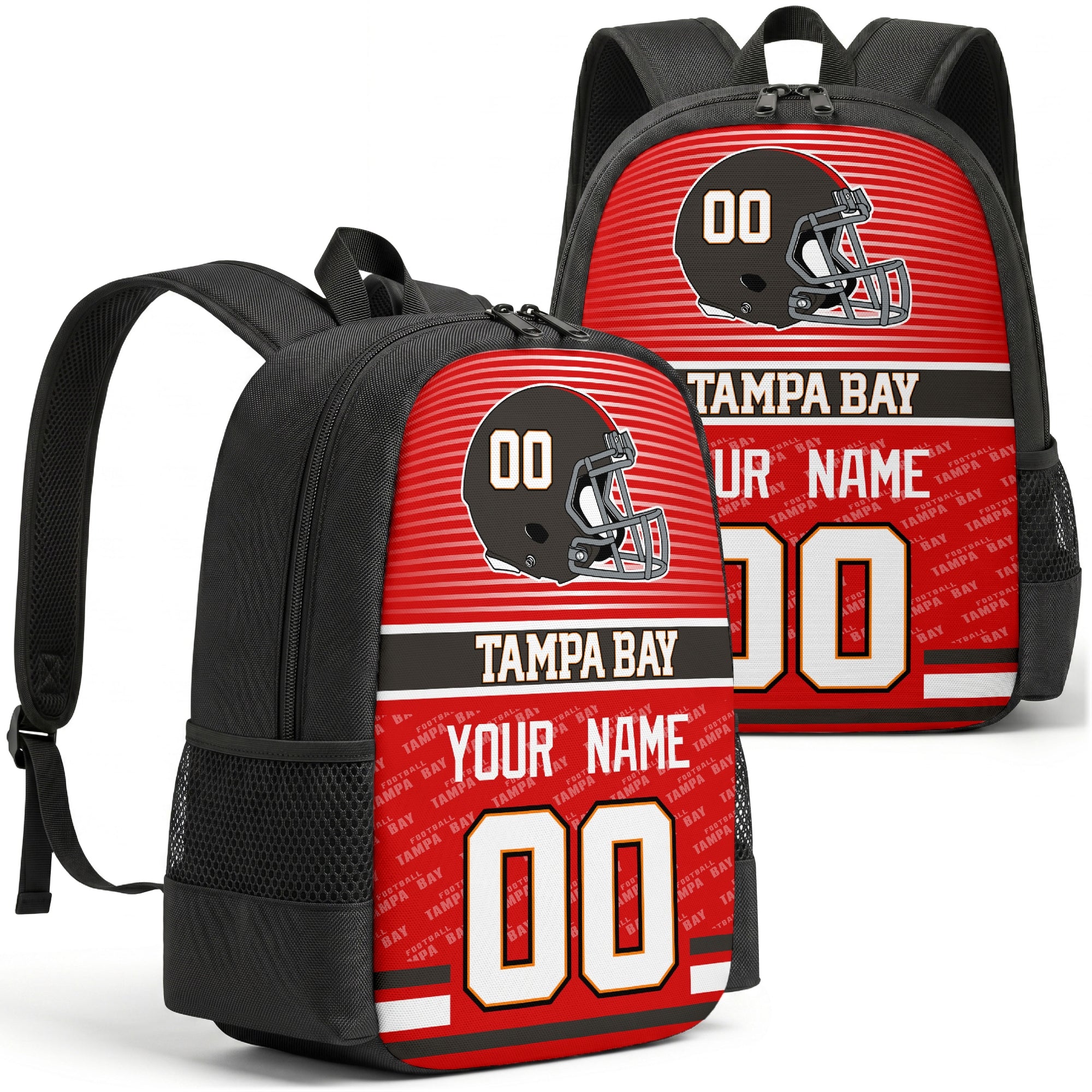 Custom football backpack in Tampa city colors with name and number