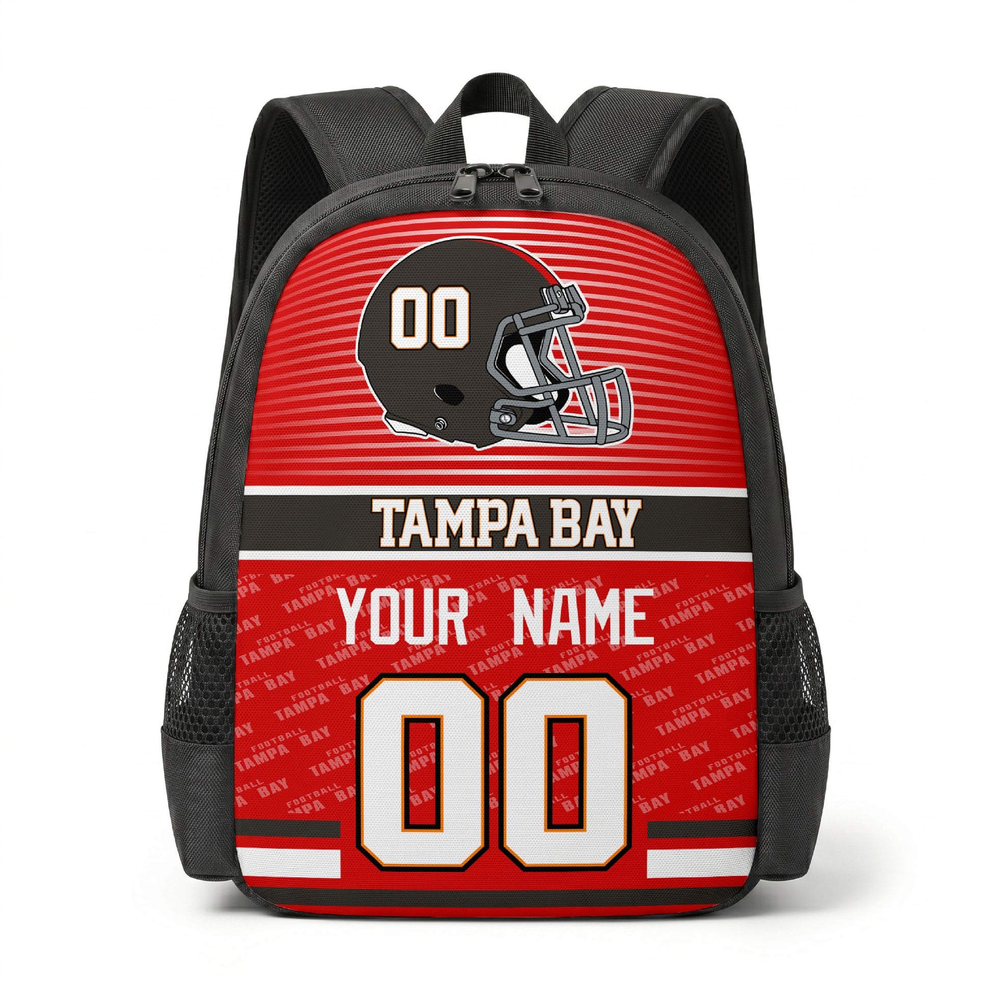 Tampa city color football backpack front view with helmet graphic