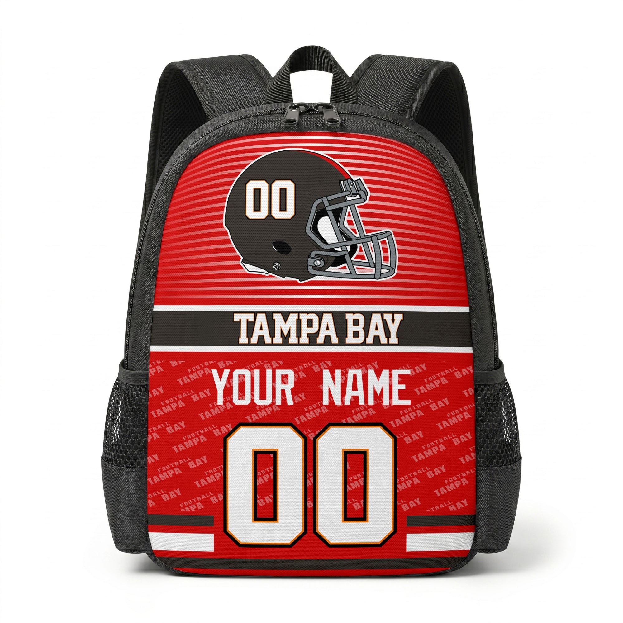 Tampa city color football backpack front view with helmet graphic