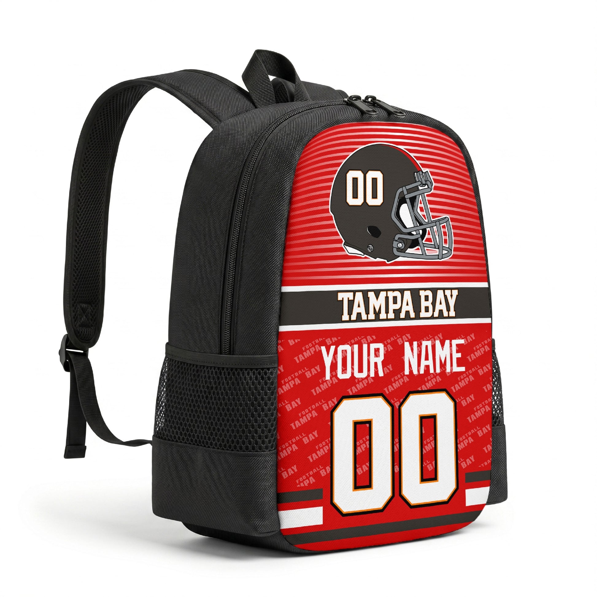 Tampa personalized football backpack angled view with black straps