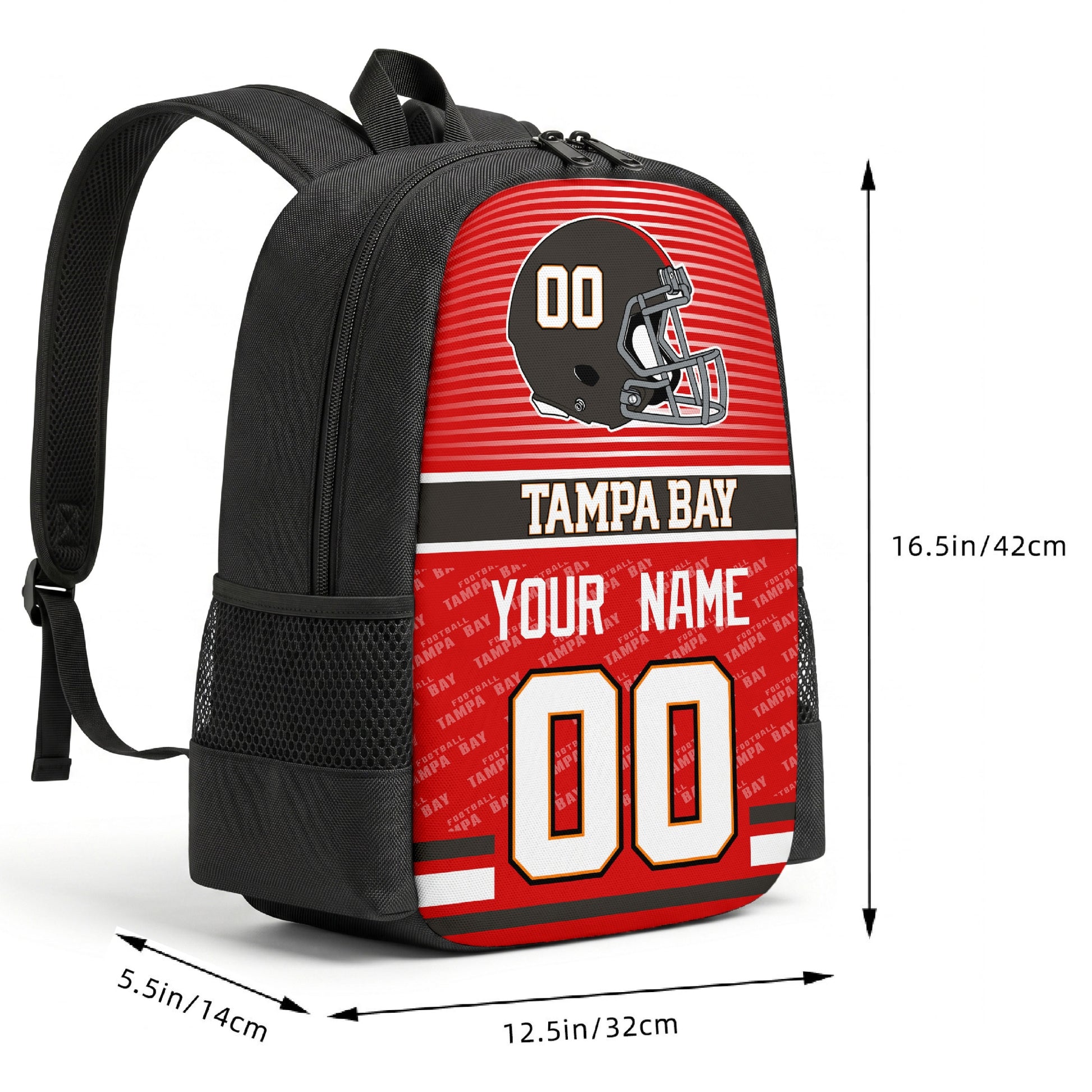 Tampa custom football backpack size chart 16.5 by 12.5 by 5.5 inches