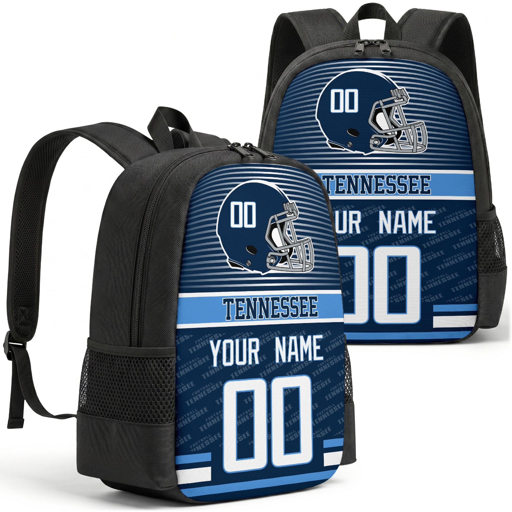 Custom football backpack in Tennessee city colors with name and number
