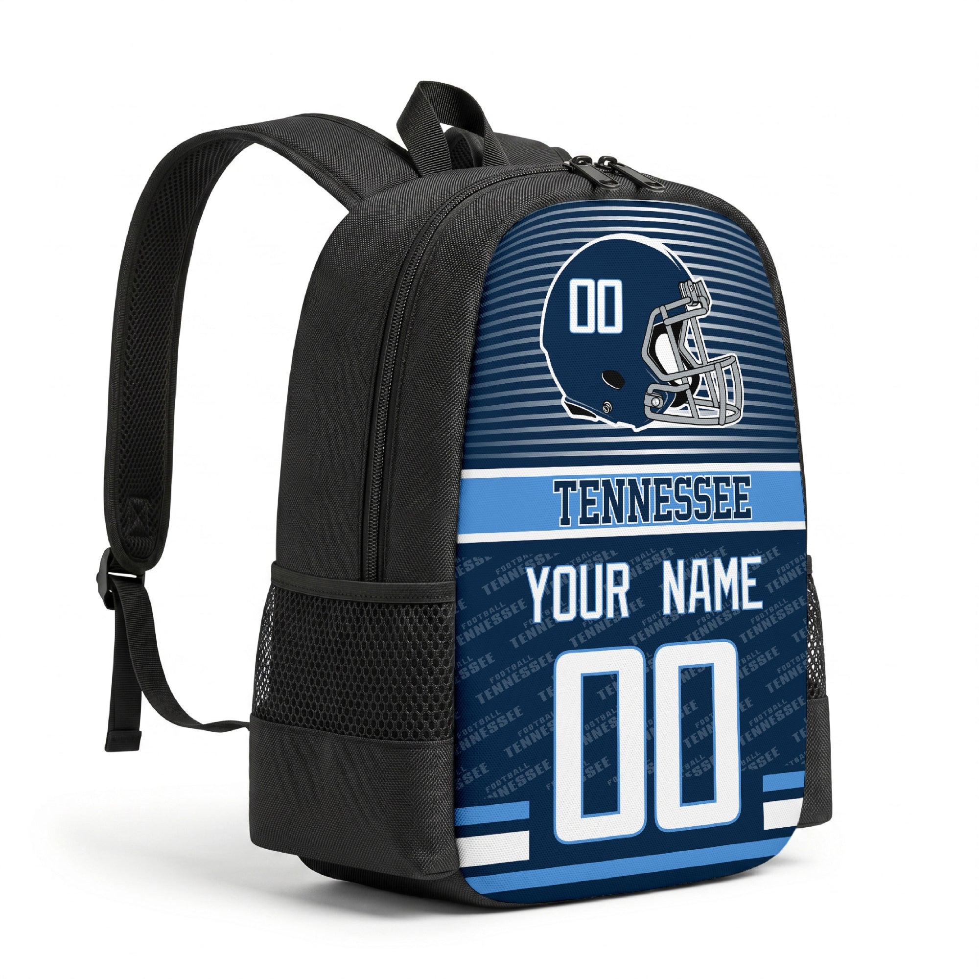 Tennessee personalized football backpack angled view with black straps
