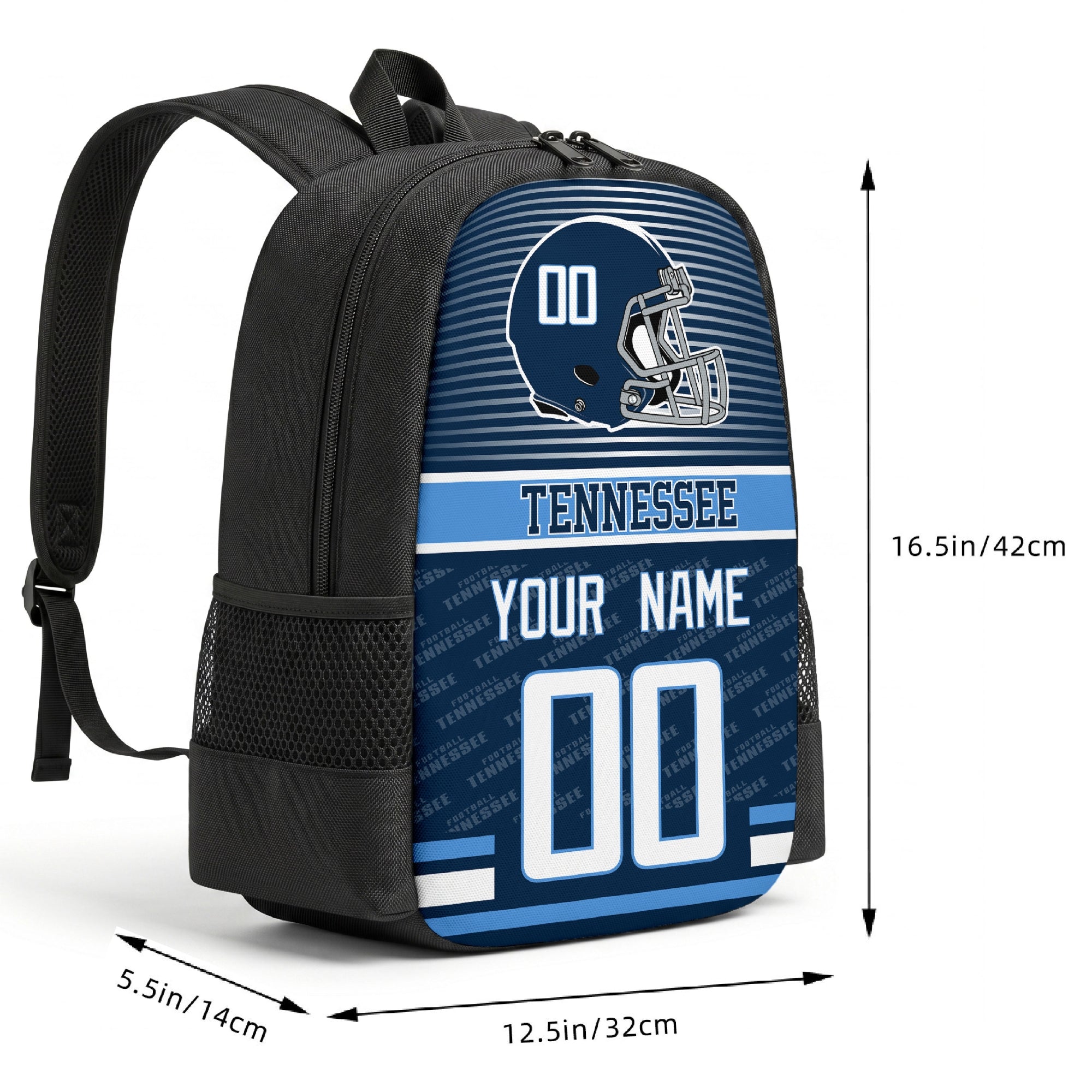 Tennessee custom football backpack size chart 16.5 by 12.5 by 5.5 inches