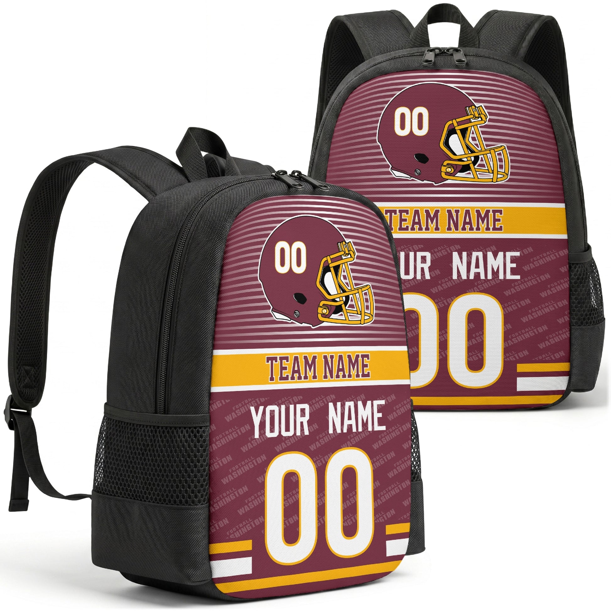 Custom football backpack in Washington city colors with name and number