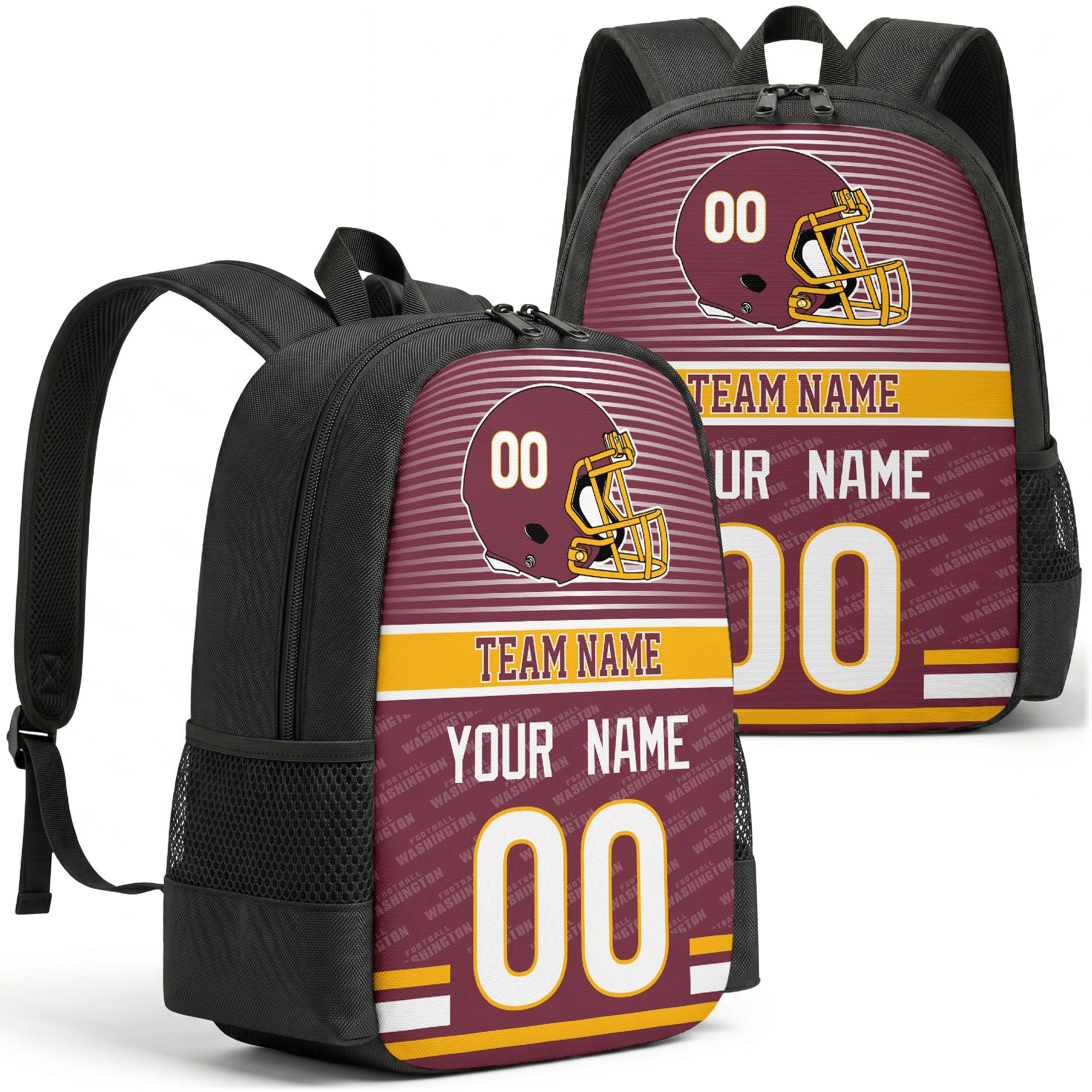Custom football backpack in Washington city colors with name and number