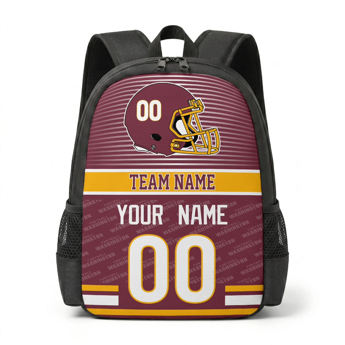 Custom football backpack in Washington city colors with name and number