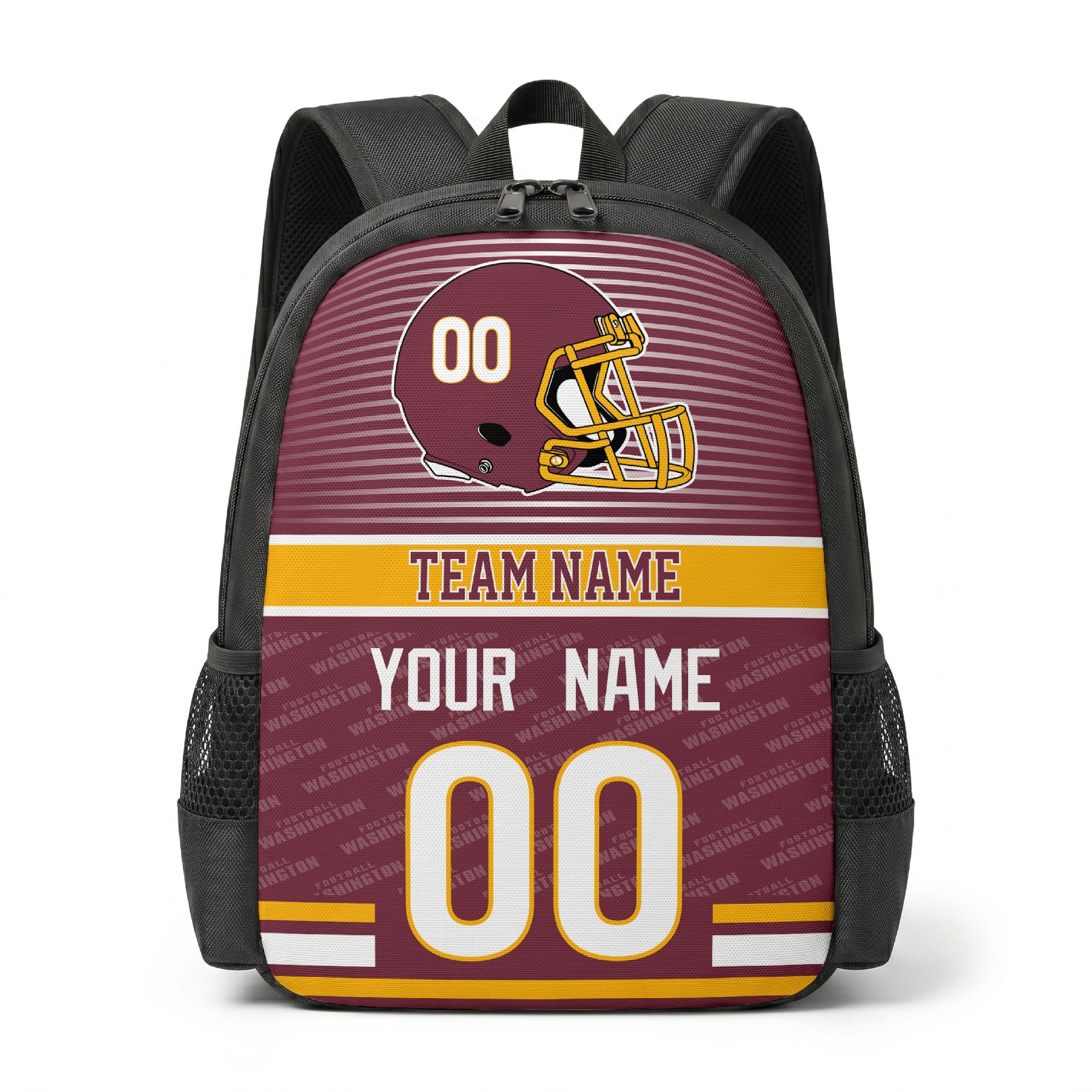Washington city color football backpack front view with helmet graphic