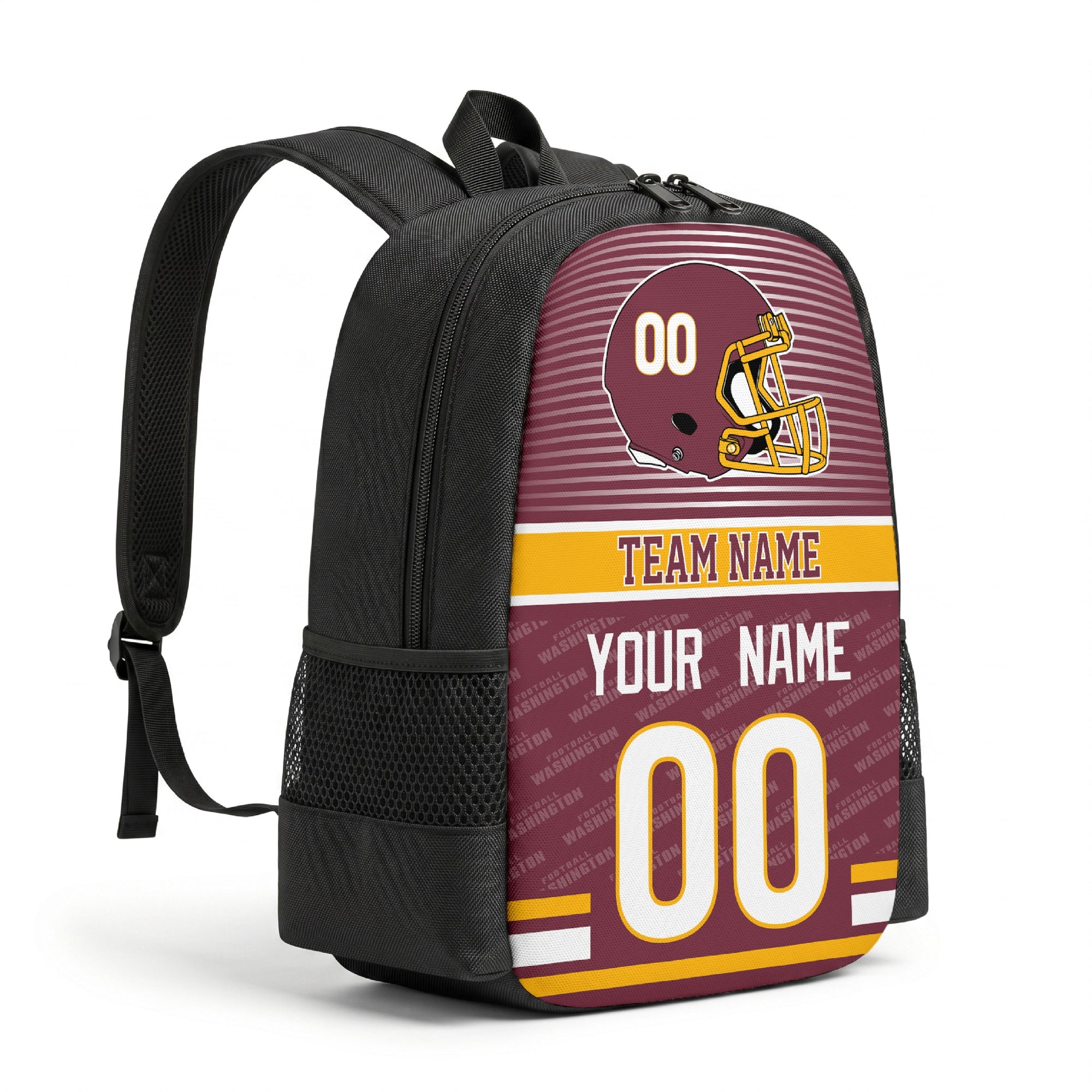 Washington personalized football backpack angled view with black straps