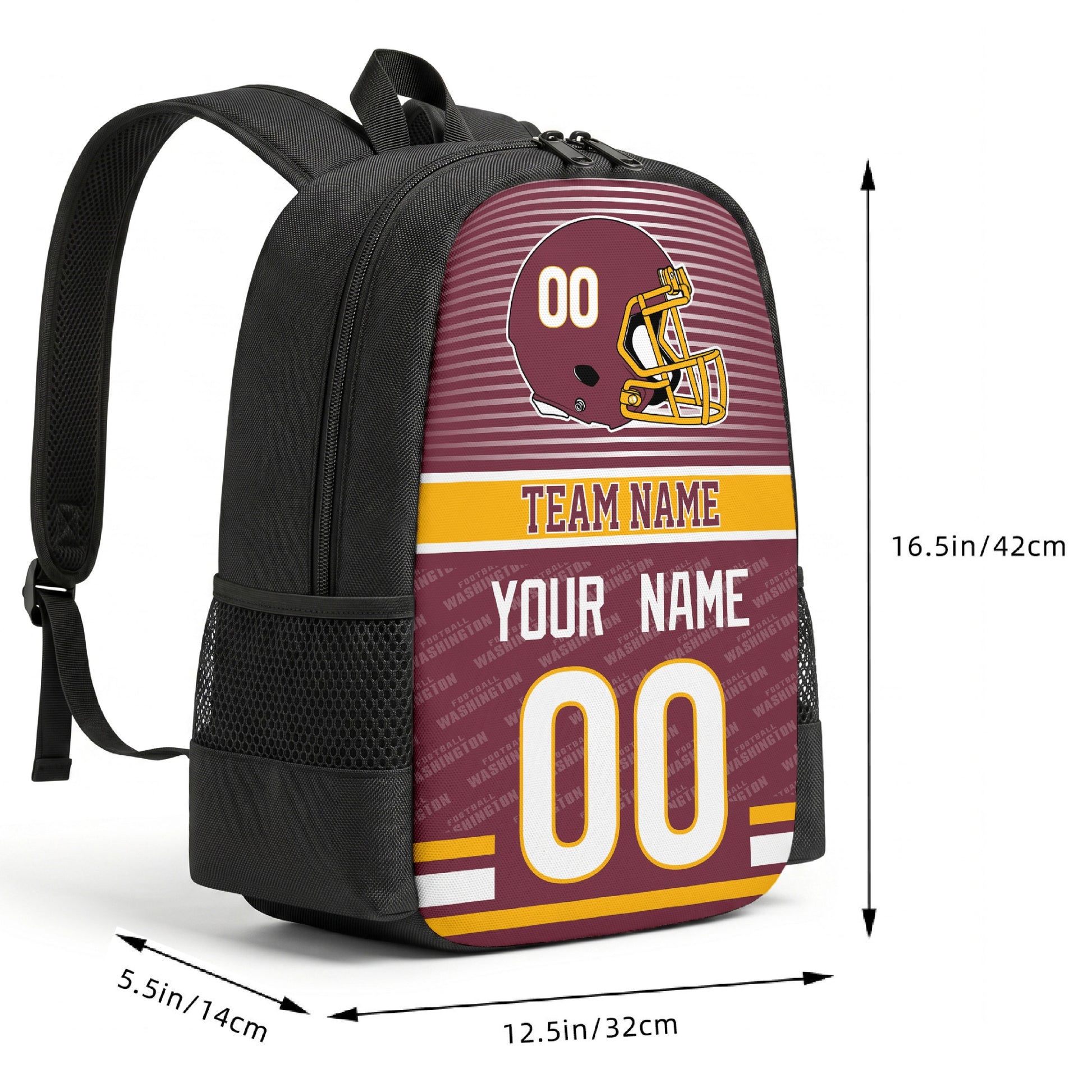 Washington custom football backpack size chart 16.5 by 12.5 by 5.5 inches