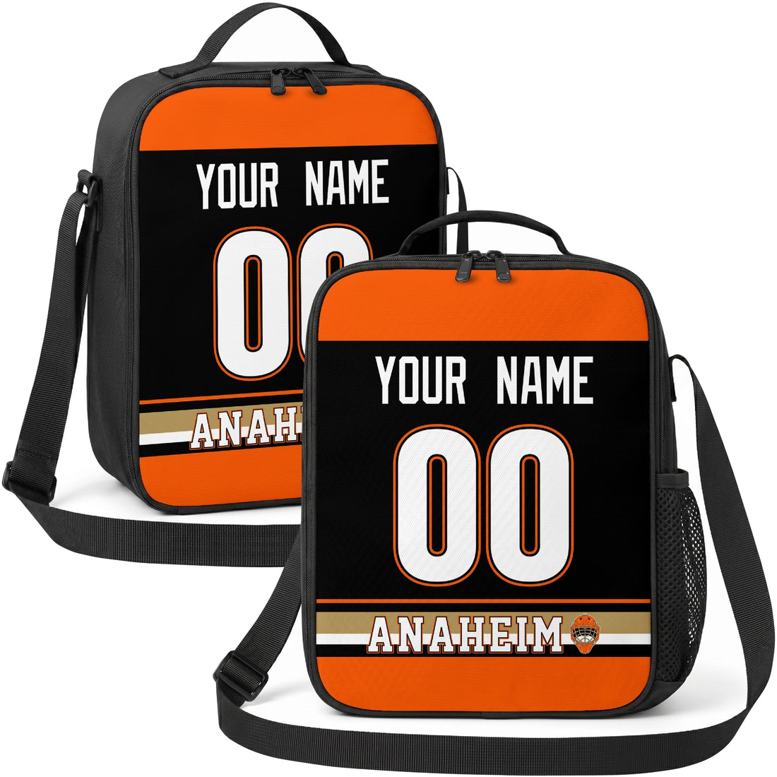 Personalized Anaheim hockey shoulder bag showing both black and white city-color styles