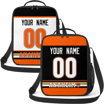 Personalized Anaheim hockey shoulder bag showing both black and white city-color styles