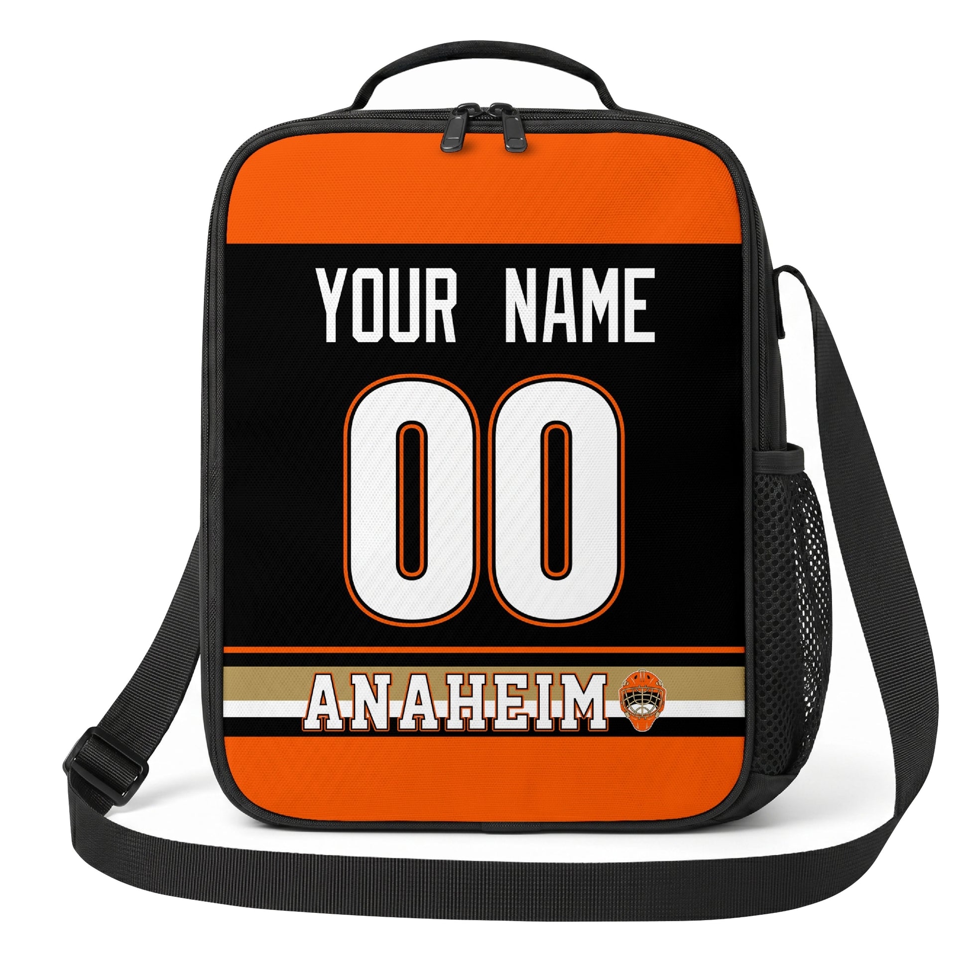 Anaheim hockey shoulder bag front view in Black city-color style with custom name and number