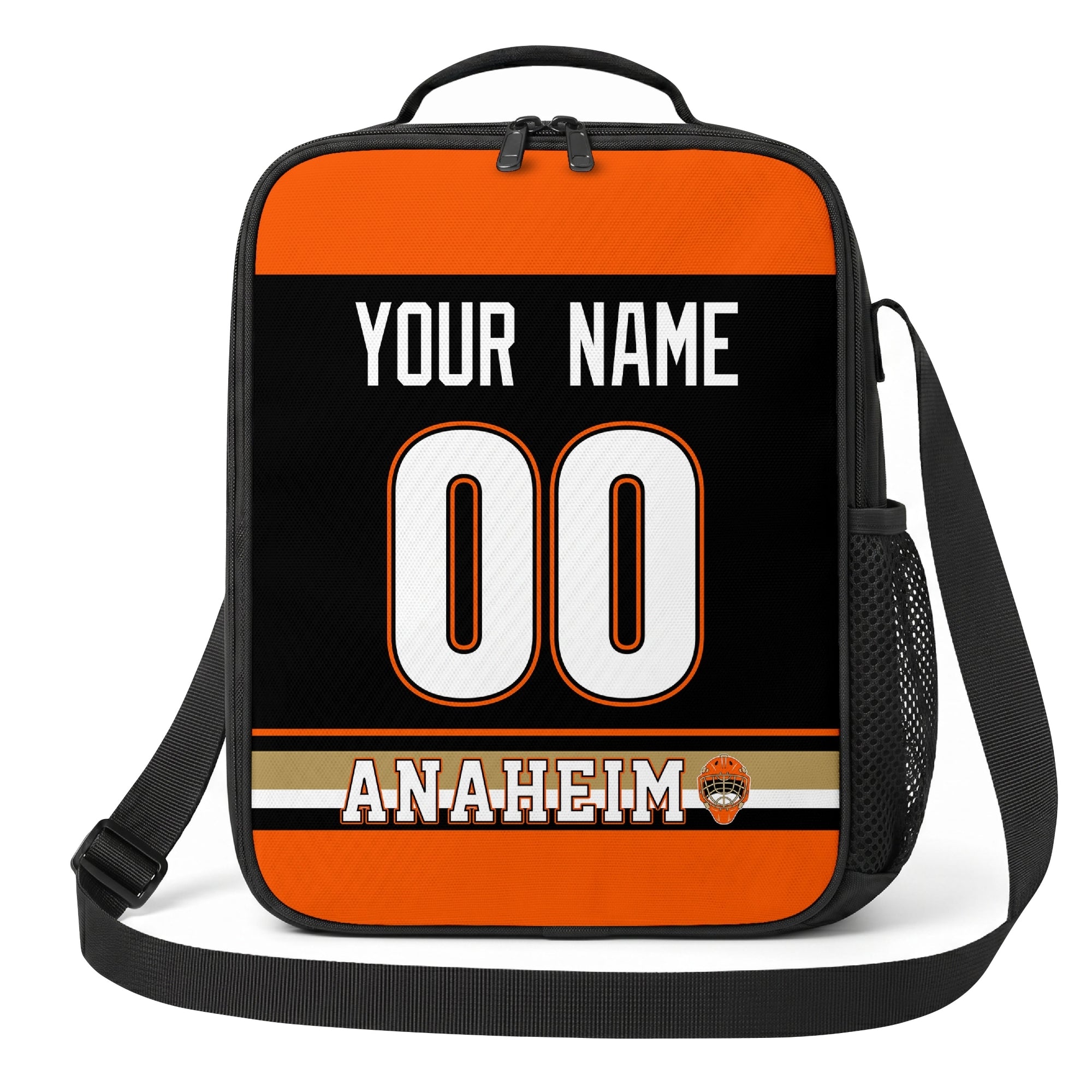 Anaheim hockey shoulder bag front view in Black city-color style with custom name and number