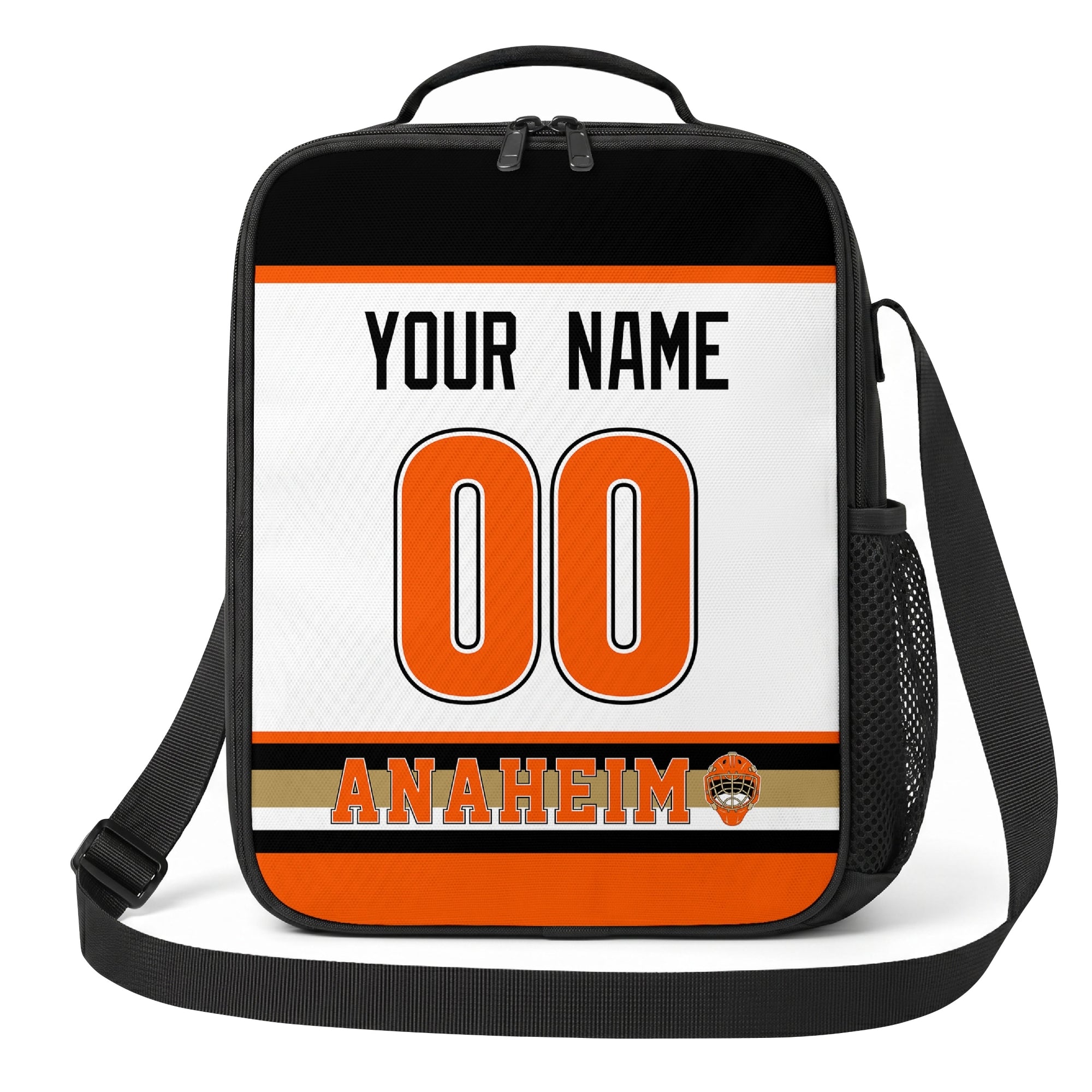 Anaheim hockey shoulder bag front view in White city-color style with custom name and number