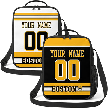 Personalized Boston hockey shoulder bag showing both black and white city-color styles