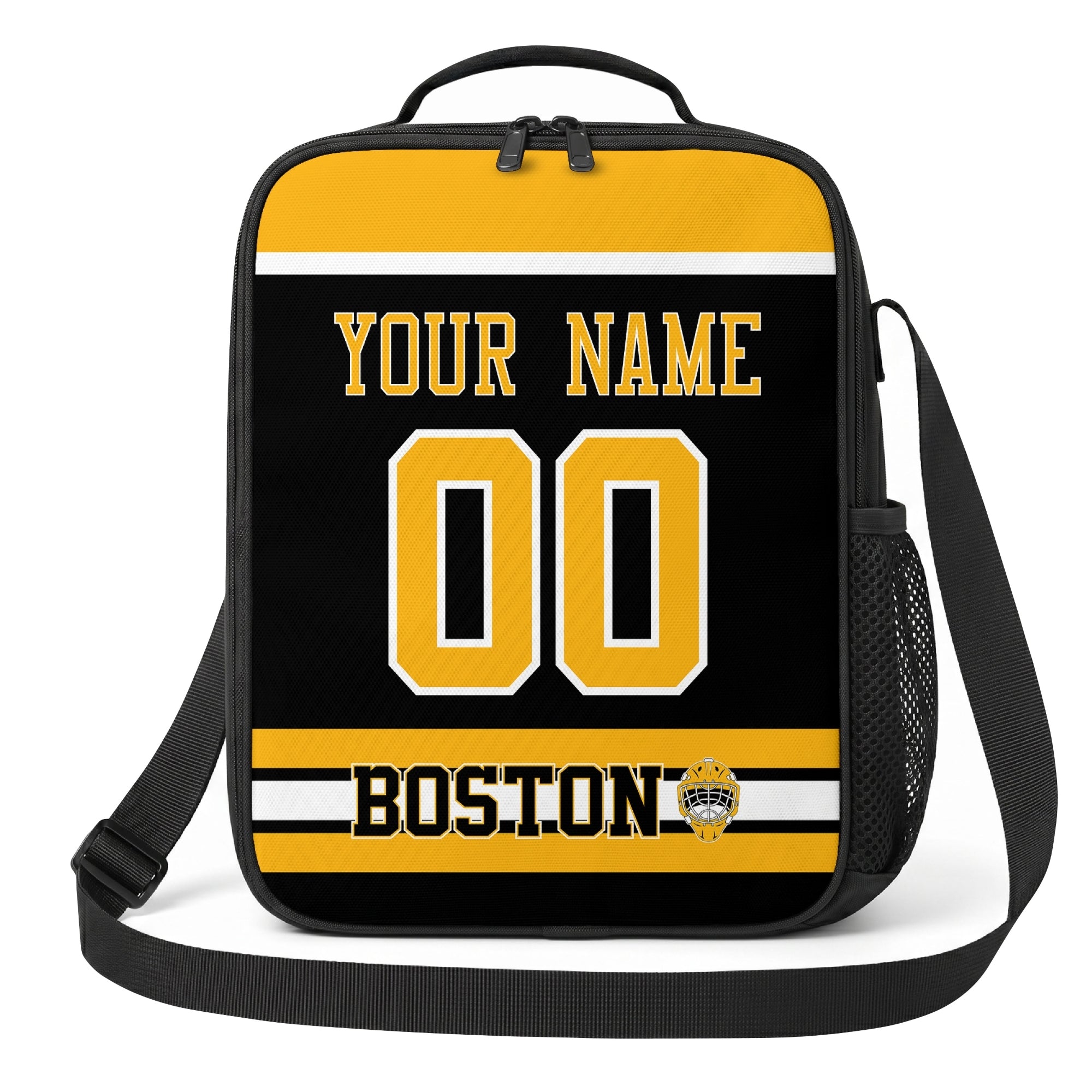 Boston hockey shoulder bag front view in Black city-color style with custom name and number