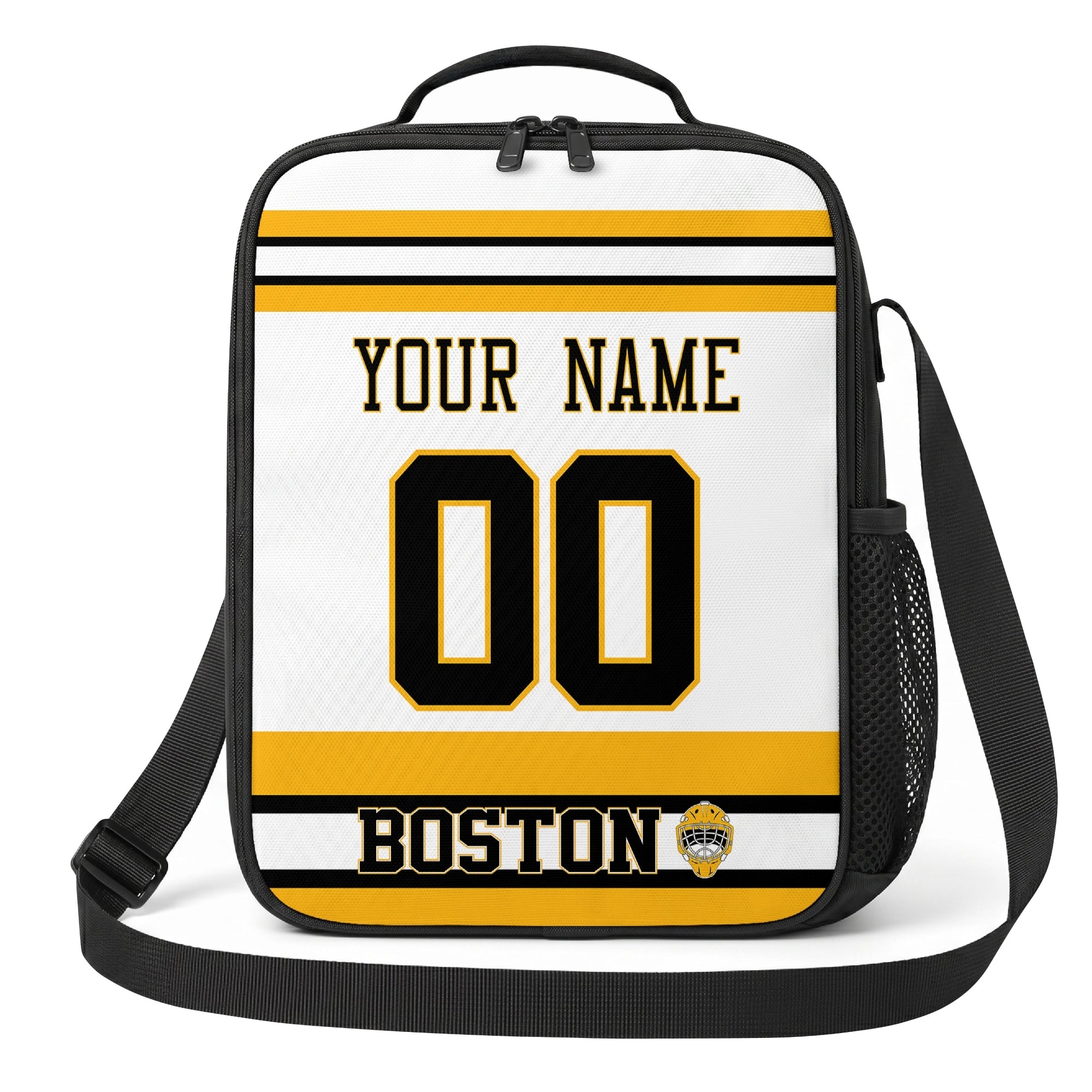 Boston hockey shoulder bag front view in White city-color style with custom name and number