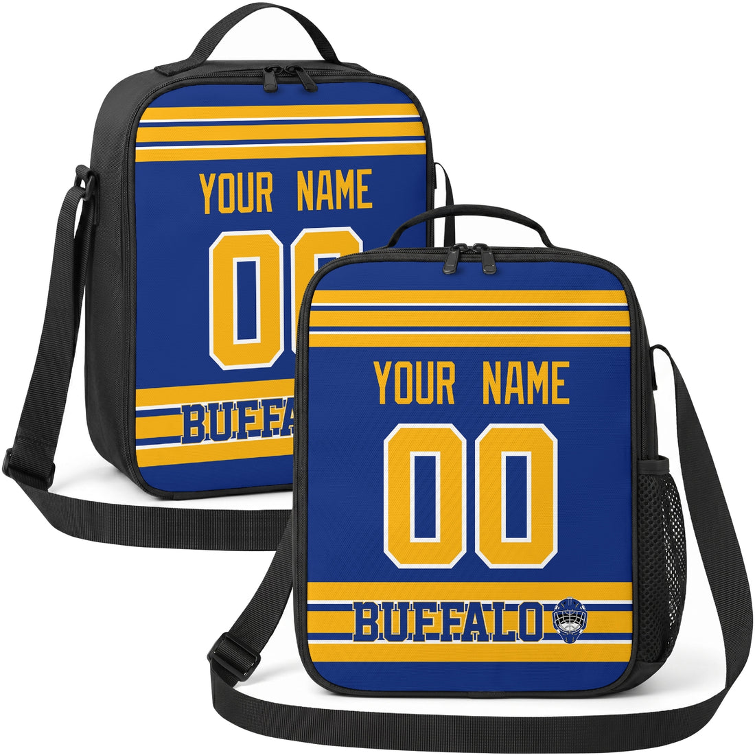 Personalized Buffalo hockey shoulder bag showing both royal and white city-color styles