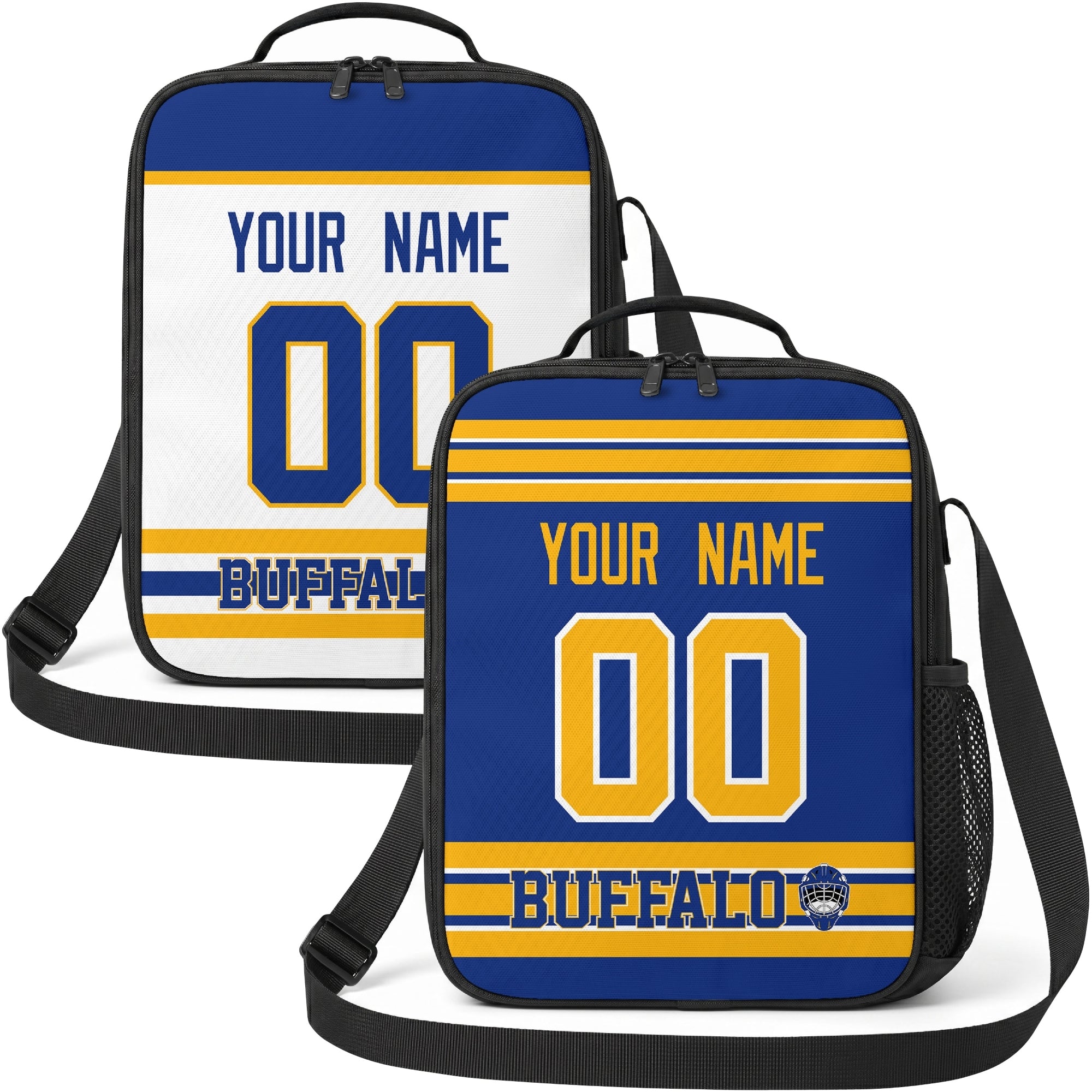 Personalized Buffalo hockey shoulder bag showing both royal and white city-color styles