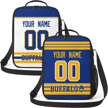 Personalized Buffalo hockey shoulder bag showing both royal and white city-color styles