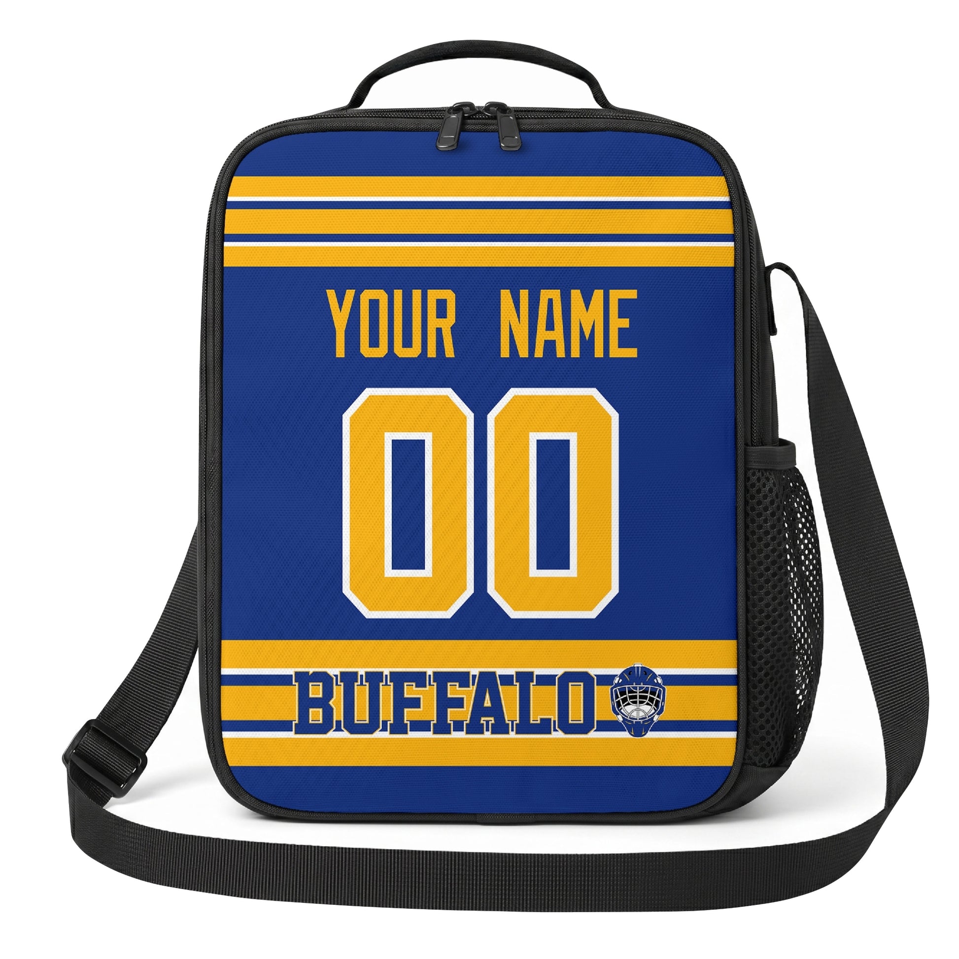 Buffalo hockey shoulder bag front view in Royal city-color style with custom name and number