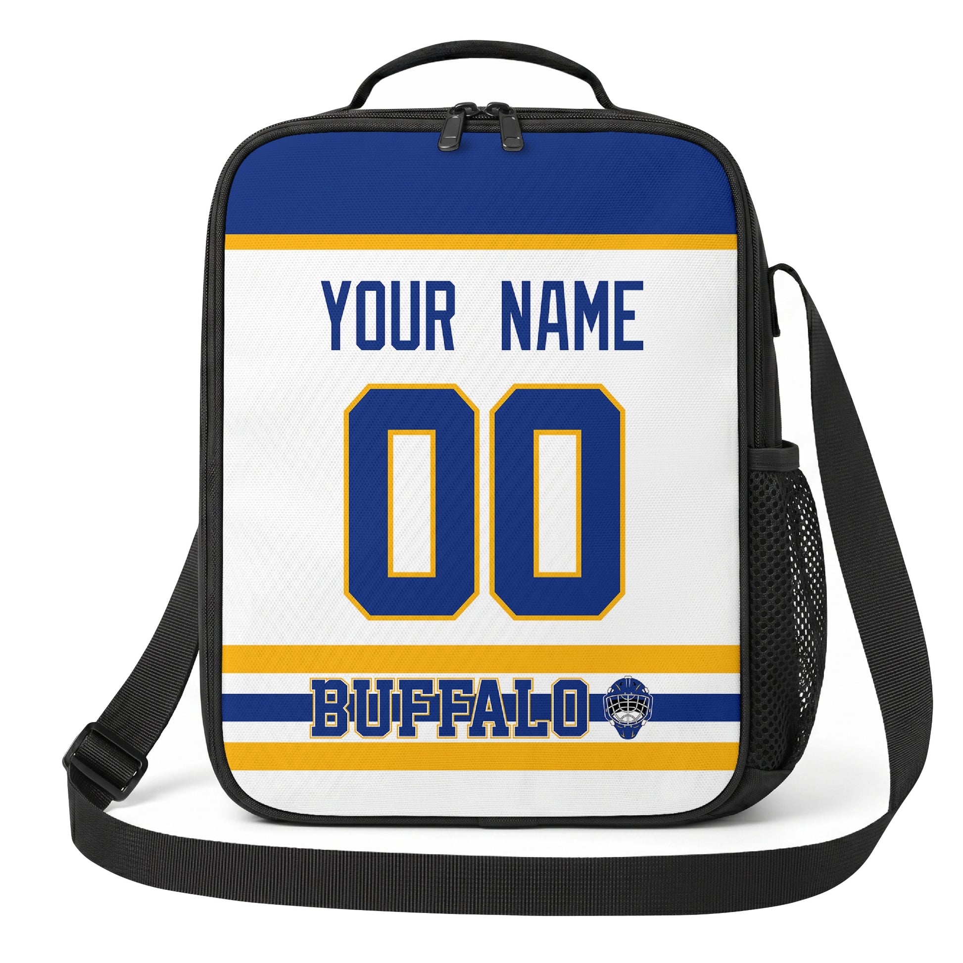 Buffalo hockey shoulder bag front view in White city-color style with custom name and number