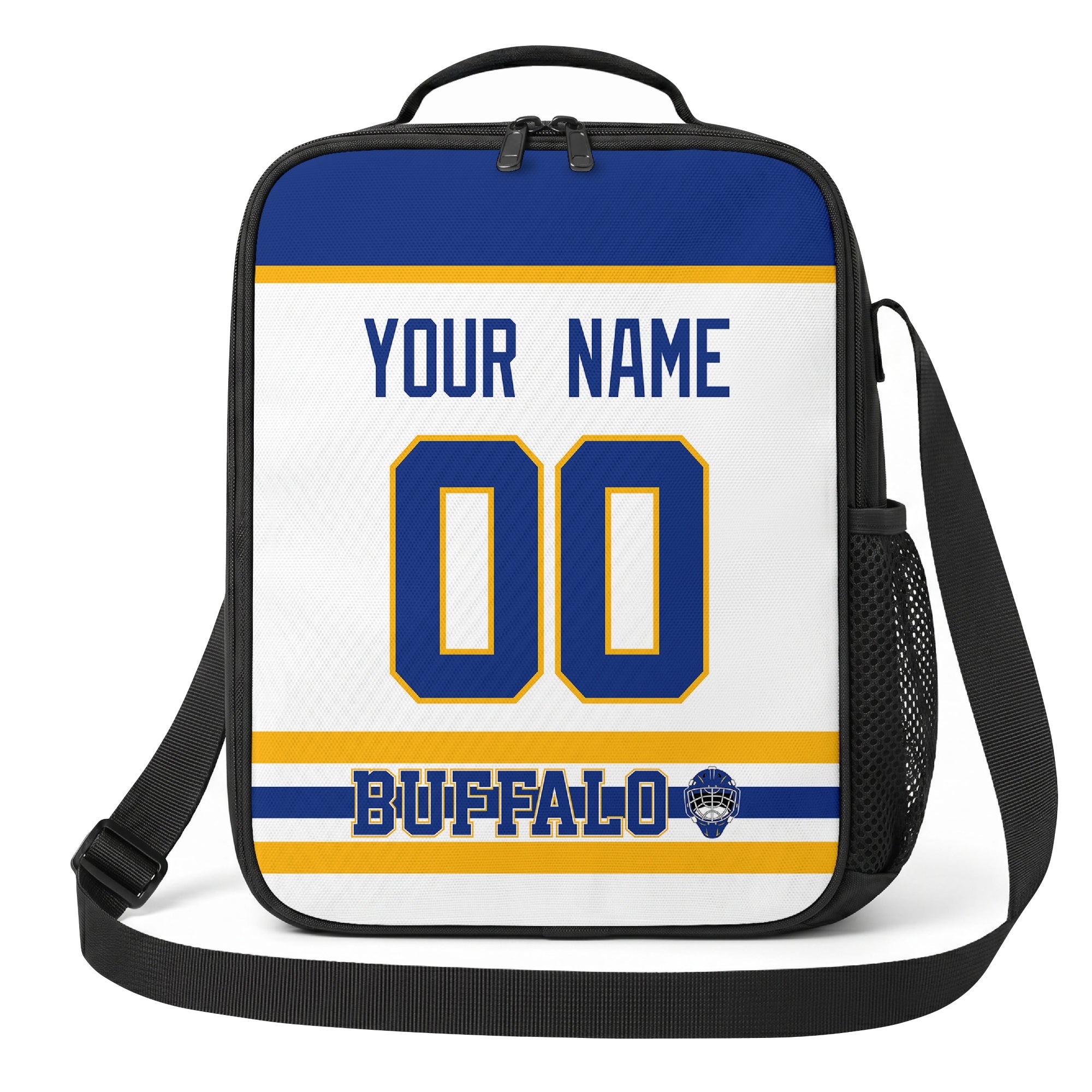 Buffalo hockey shoulder bag front view in White city-color style with custom name and number