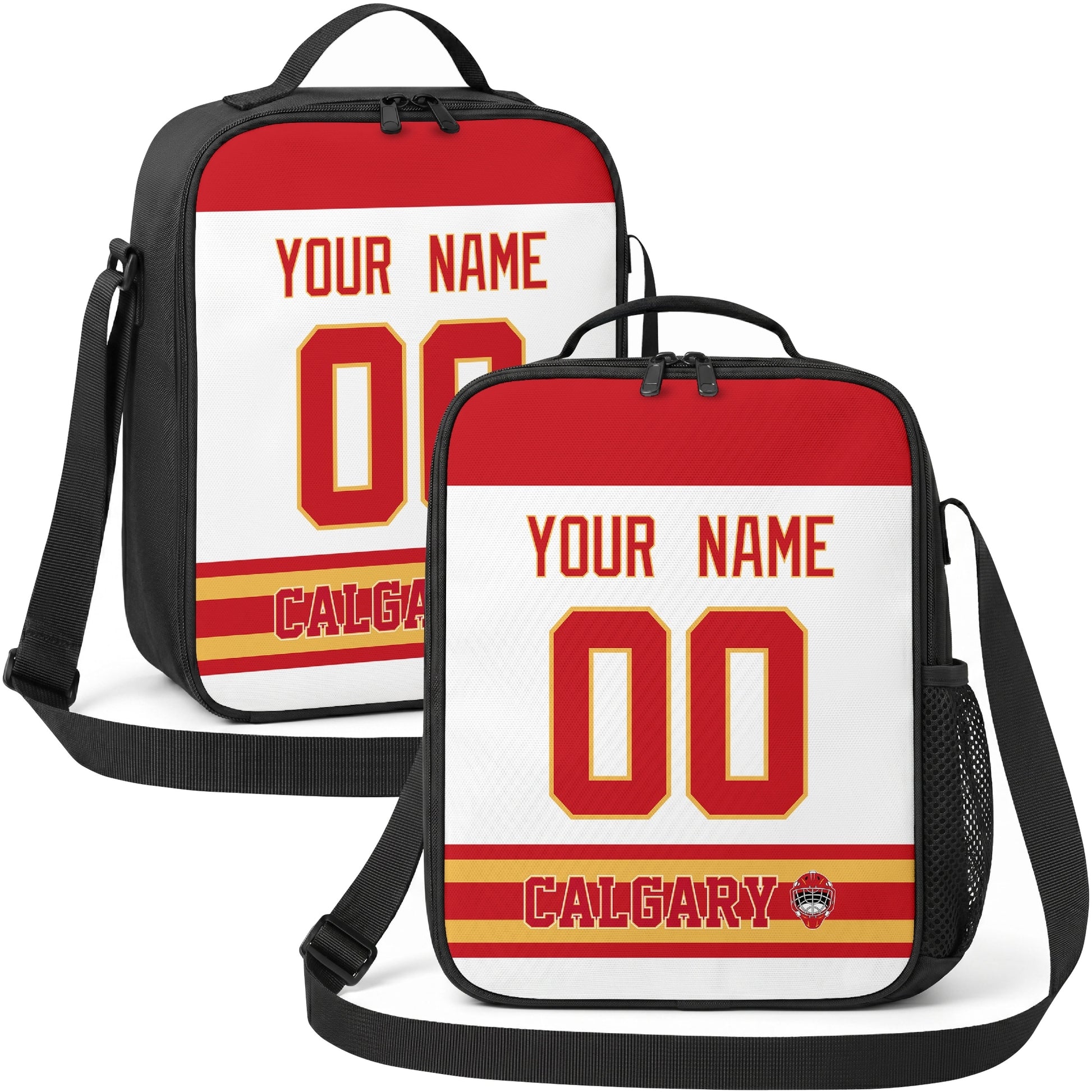 Calgary hockey shoulder bag display in White city-color style