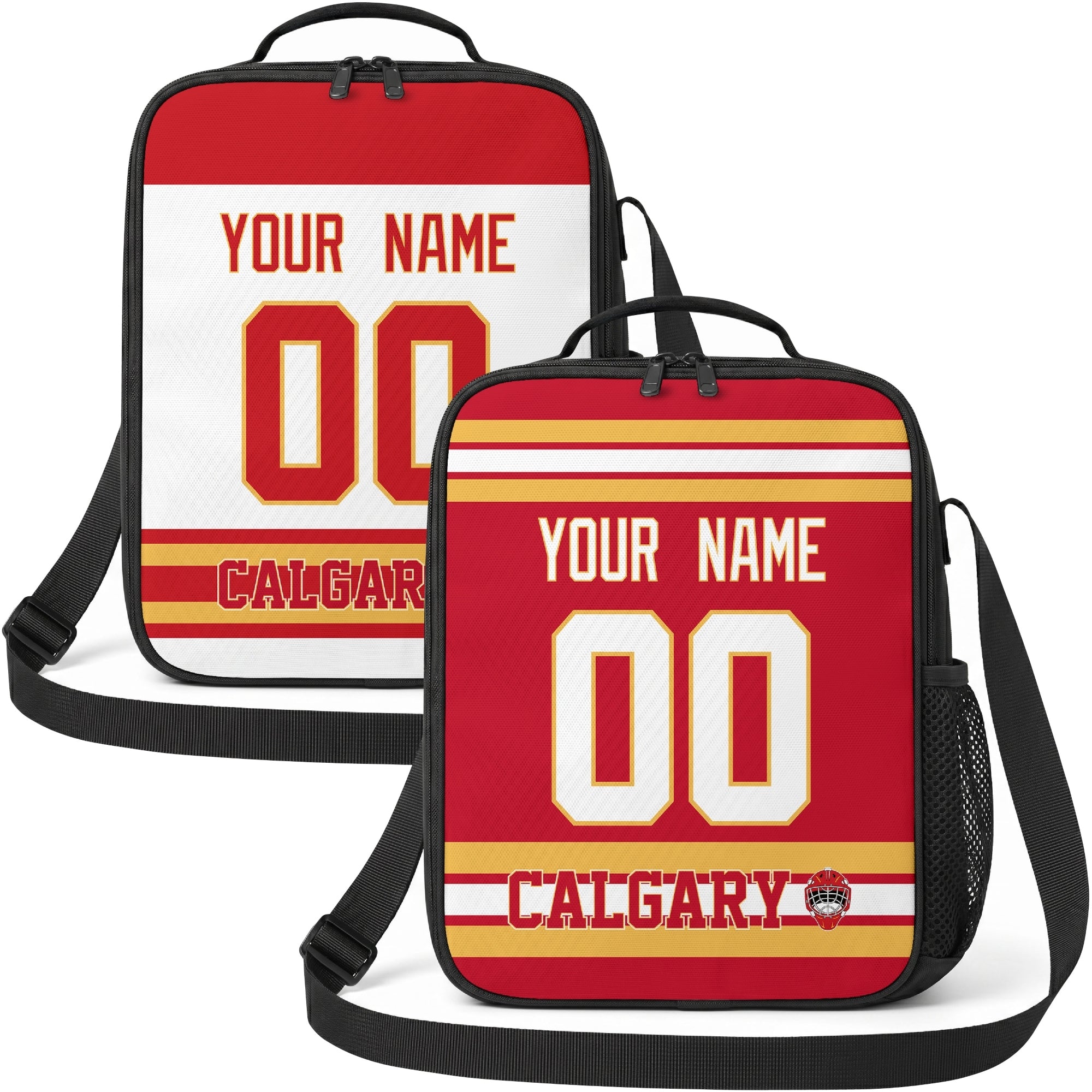 Personalized Calgary hockey shoulder bag showing both red and white city-color styles
