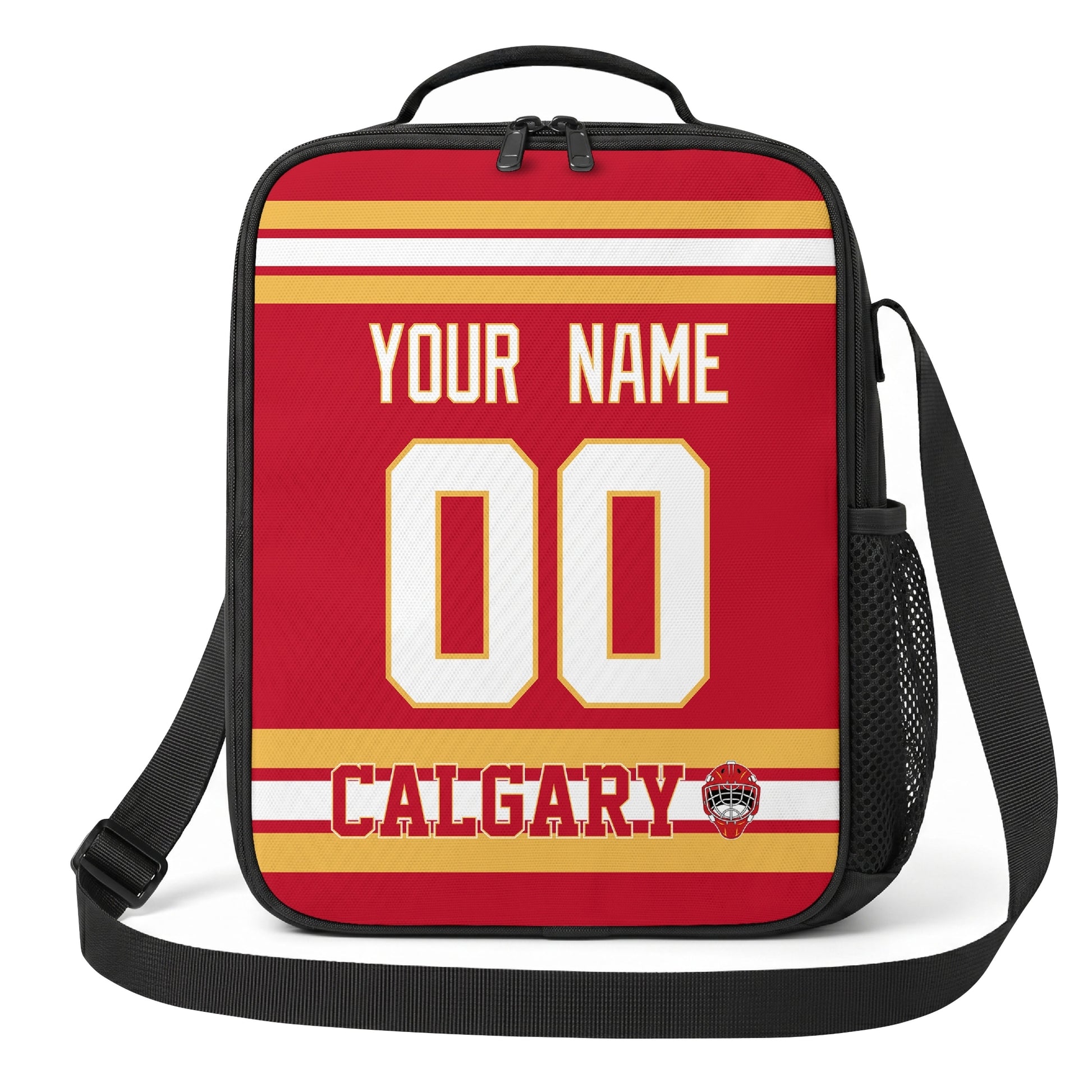 Calgary hockey shoulder bag front view in Red city-color style with custom name and number