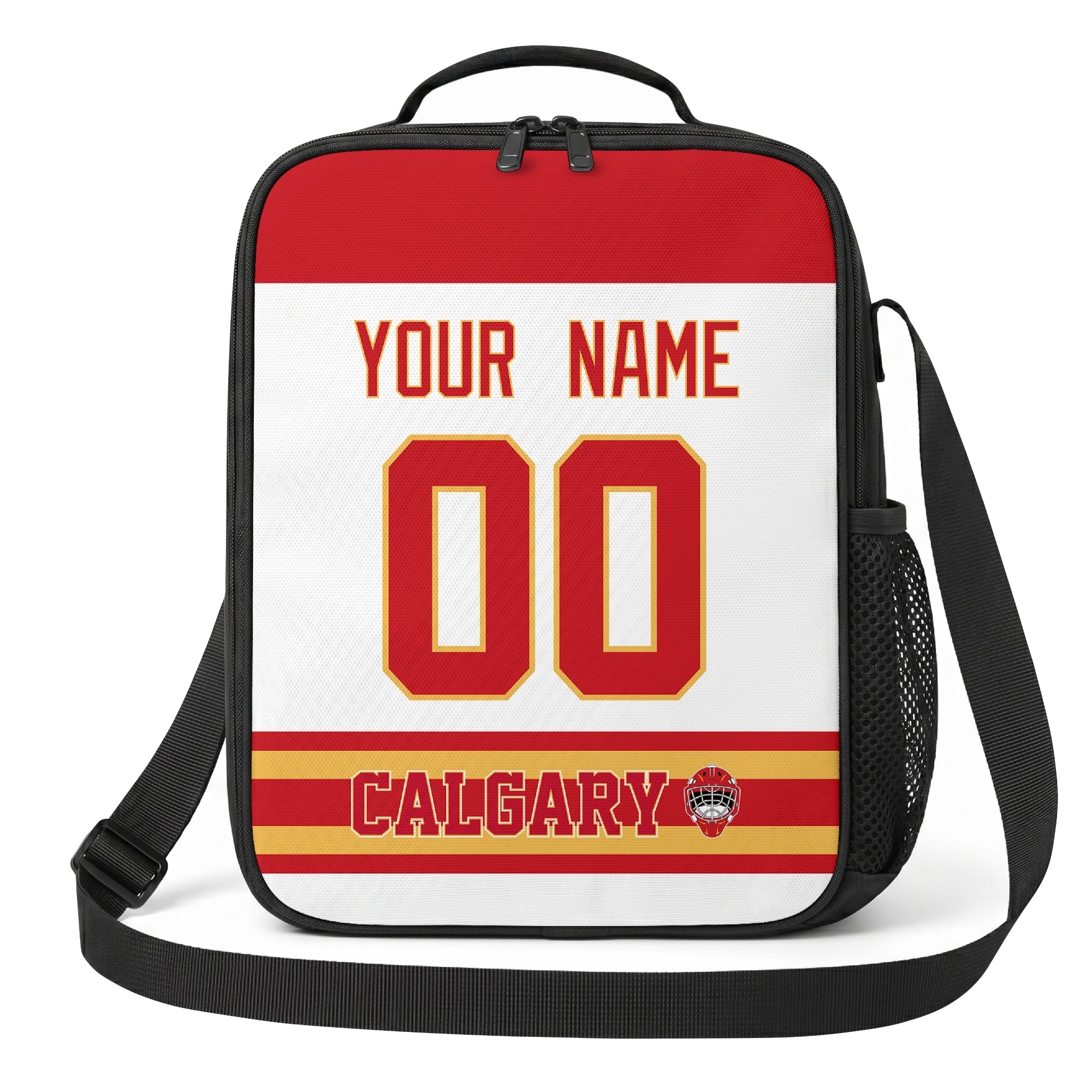 Calgary hockey shoulder bag front view in White city-color style with custom name and number