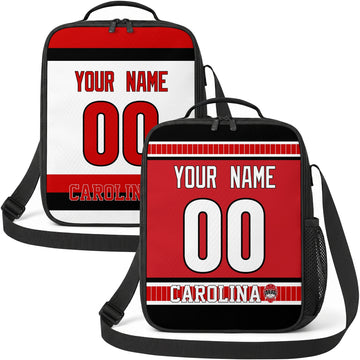 Personalized Carolina hockey shoulder bag showing both red and white city-color styles
