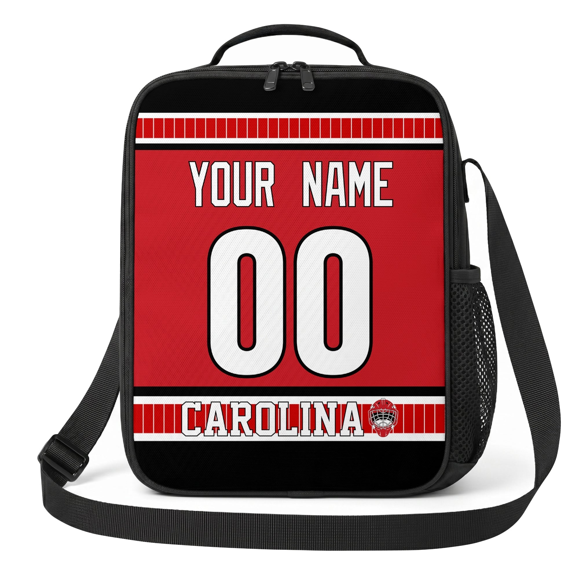 Carolina hockey shoulder bag front view in Red city-color style with custom name and number