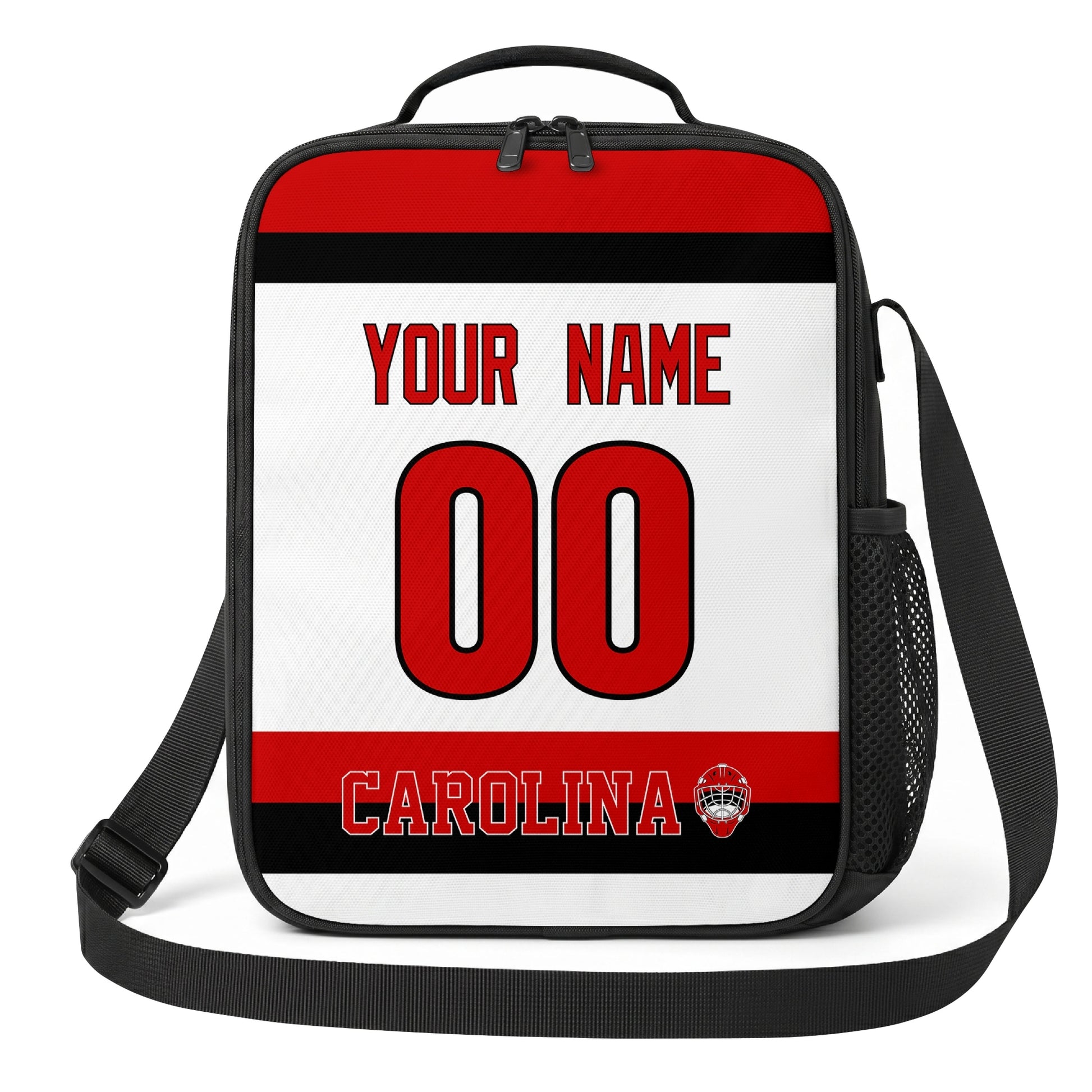 Carolina hockey shoulder bag front view in White city-color style with custom name and number