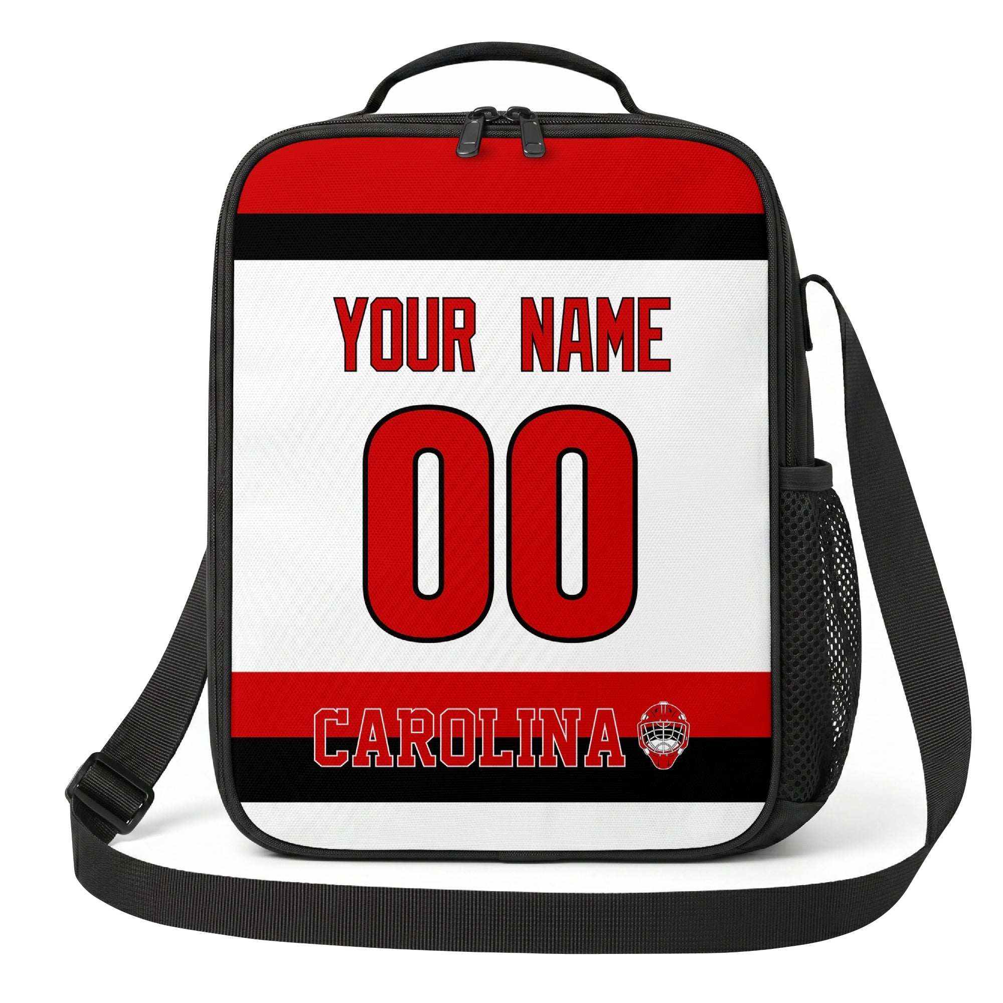 Carolina hockey shoulder bag front view in White city-color style with custom name and number
