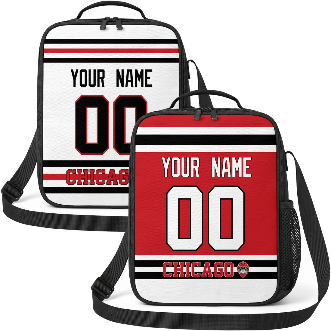 Personalized Chicago hockey shoulder bag showing both red and white city-color styles
