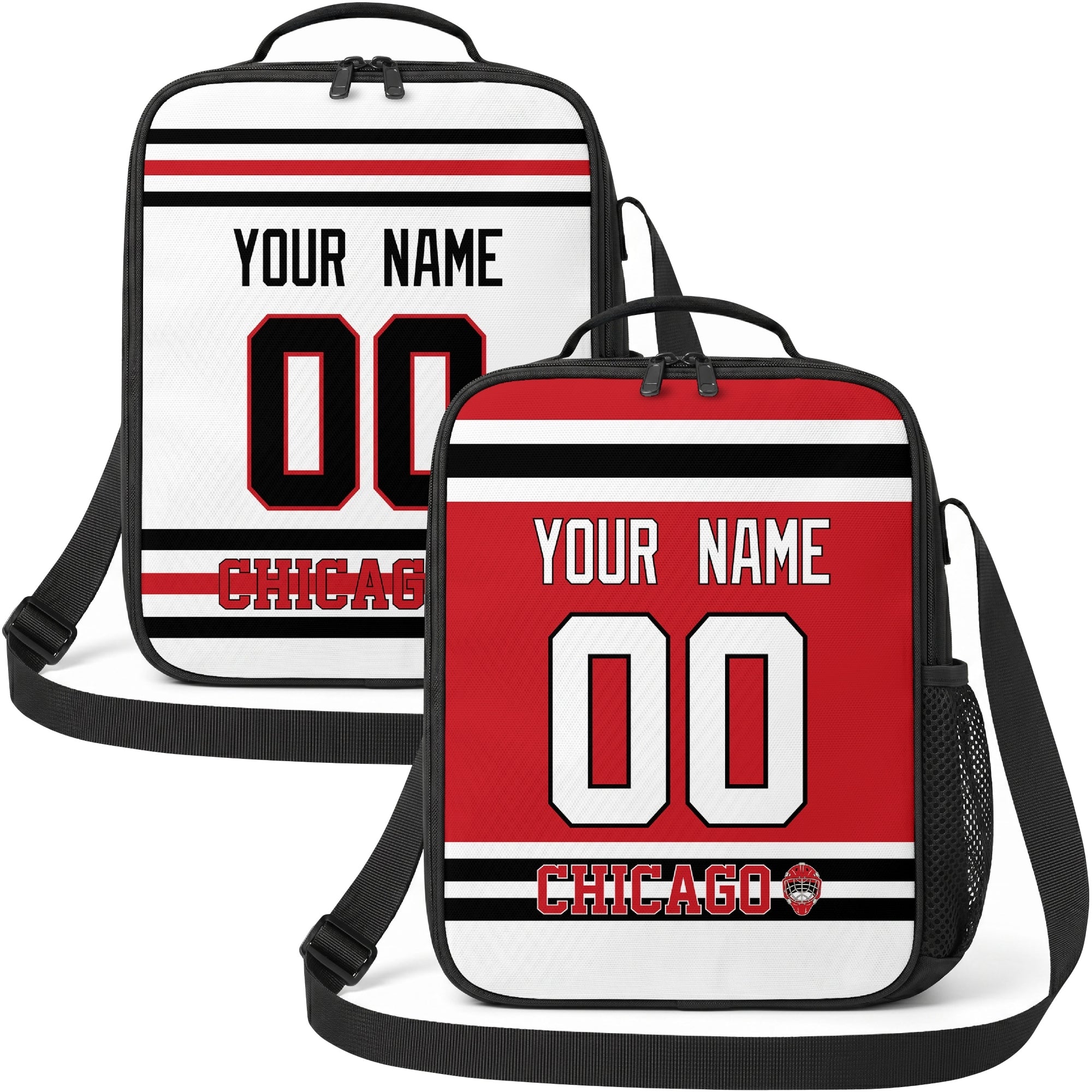 Personalized Chicago hockey shoulder bag showing both red and white city-color styles