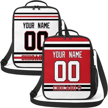Personalized Chicago hockey shoulder bag showing both red and white city-color styles